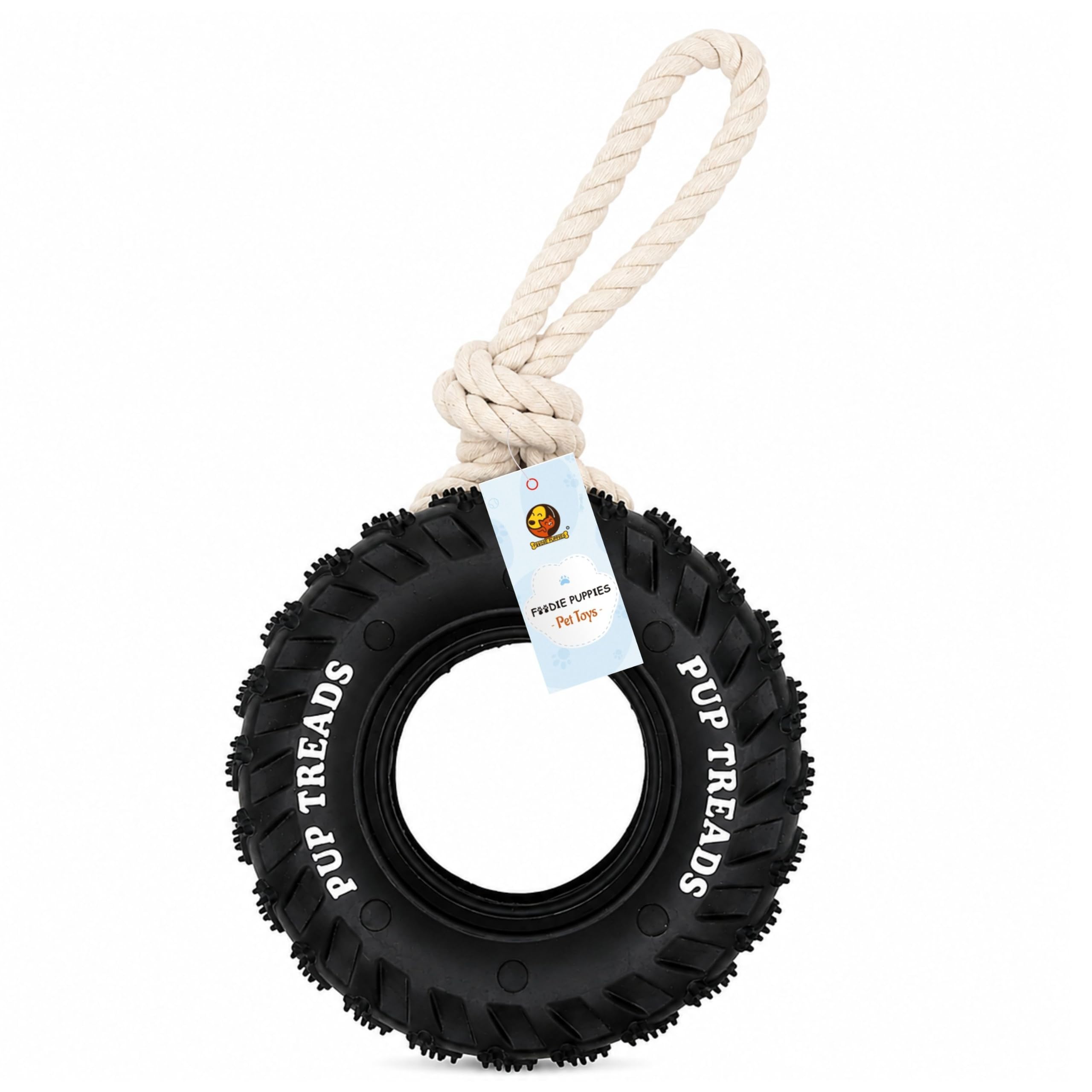 Foodie Puppies Black Rubber Tyre Chew Toy With Cotton Rope Handle For Puppies & Small To Medium Dogs| Durable NonToxic BiteRes