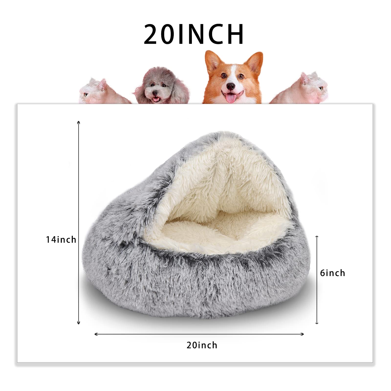 ShinHye Cat Bed Round Plush Hooded Cave - Cozy 20" Grey Cotton Pet Bed, Washable & Waterproof for Indoor Cats & Small Dogs