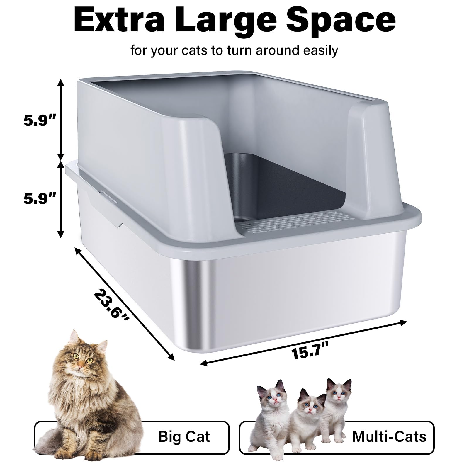 Futam Stainless Steel Litter Box With Lid, Xl Metal Litter Box With Scooper, Anti-Urine Leakage Litterbox High Sides For Big Kit