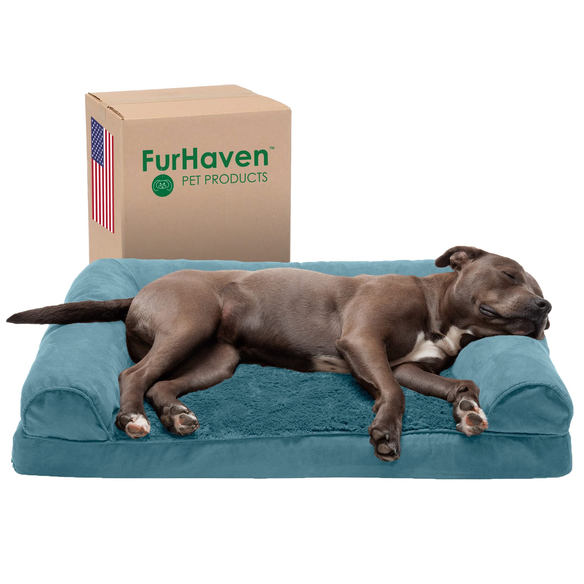 Furhaven Orthopedic Dog Bed For Large/Medium Dogs W/ Removable Bolsters & Washable Cover, For Dogs Up To 55 Lbs - Plush & Suede Sofa - Deep Pool, Large