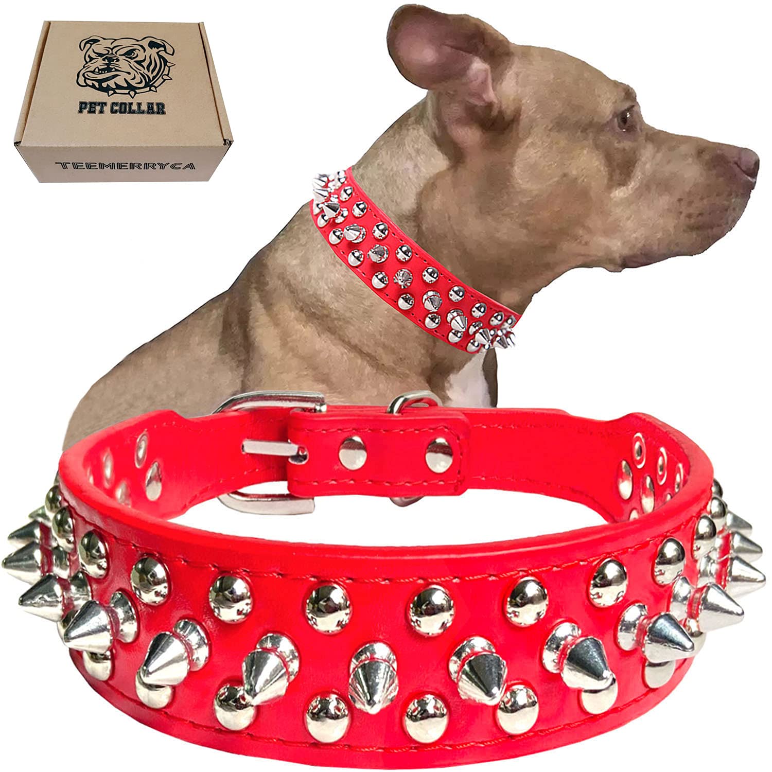 Teemerryca Adjustable Microfiber Leather Spiked Studded Dog Collars With A Squeak Ball Gift For Small Medium Large Pets Like Cats/Pit Bull/Bulldog/Pugs/Husky, Red, M(12'-15')