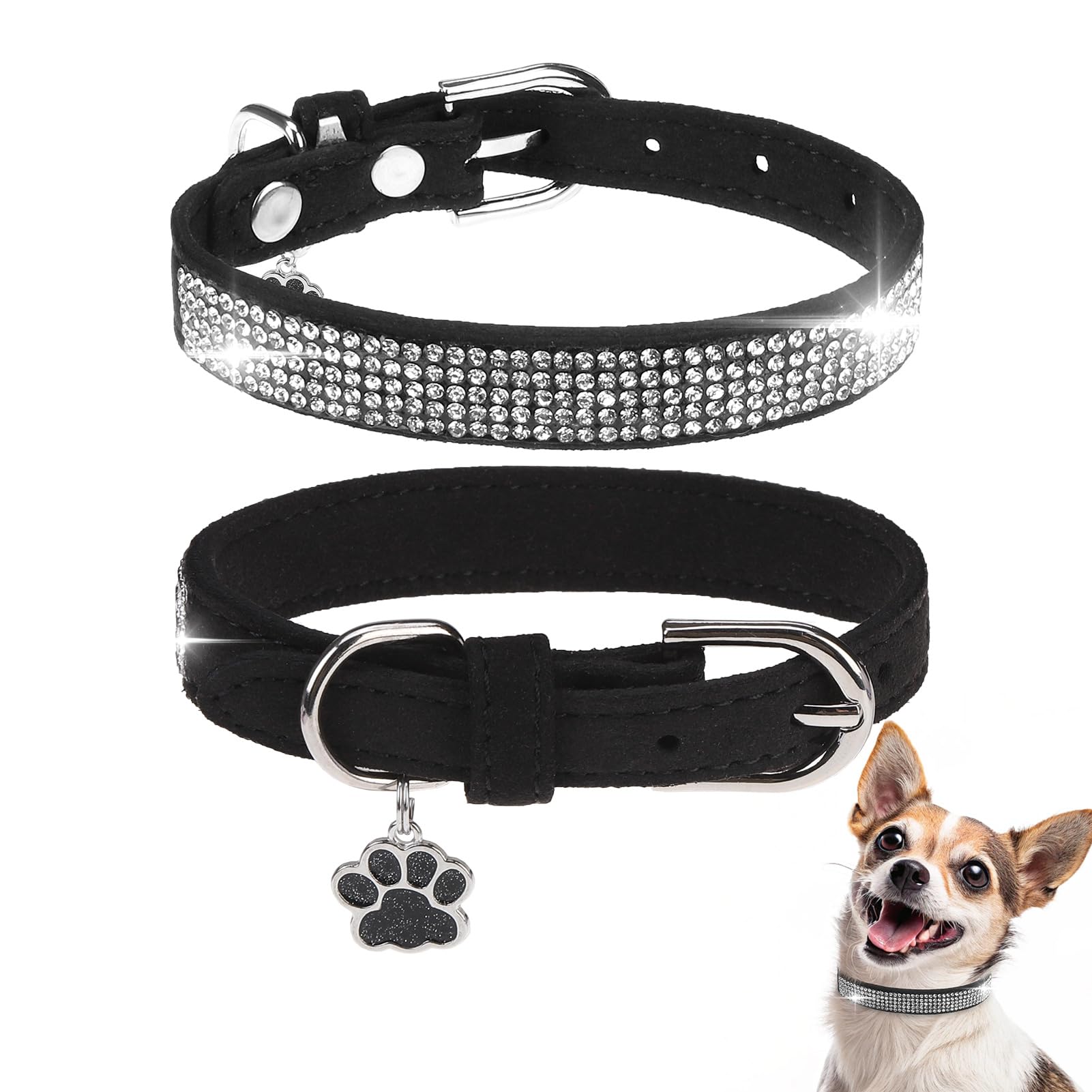 Bingpet Dog Collar For Small Dogs,Bling Rhinestone Puppy Collar Adjustable,Soft Leather Suede Dog Collars Cat Collars For Girl B