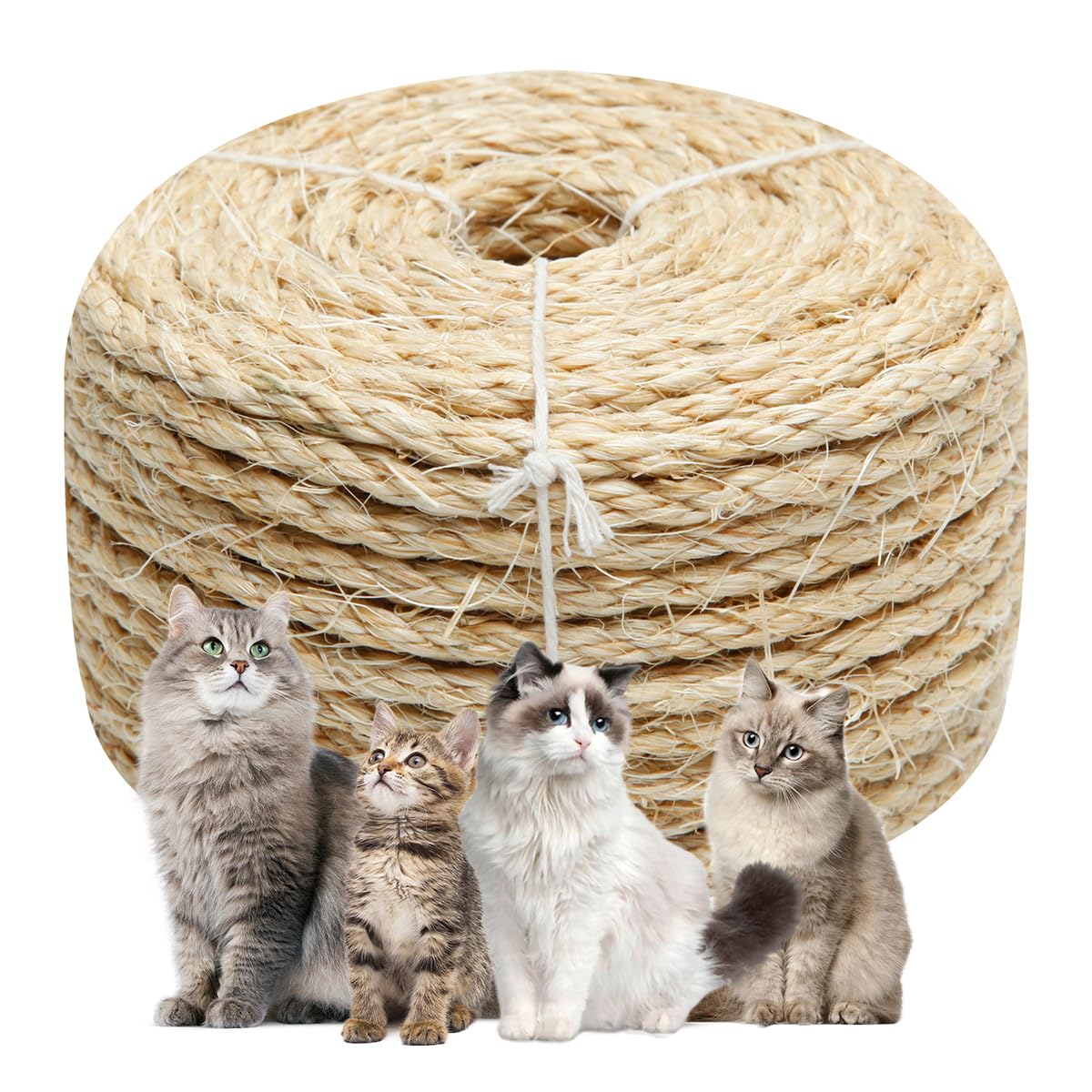 Natural Sisal Rope 1/4 Inch By 49-Feet For Cat Scratching Post Tree Tower Replacement Repair And Replace, Diy Hemp Twine Rope Fo