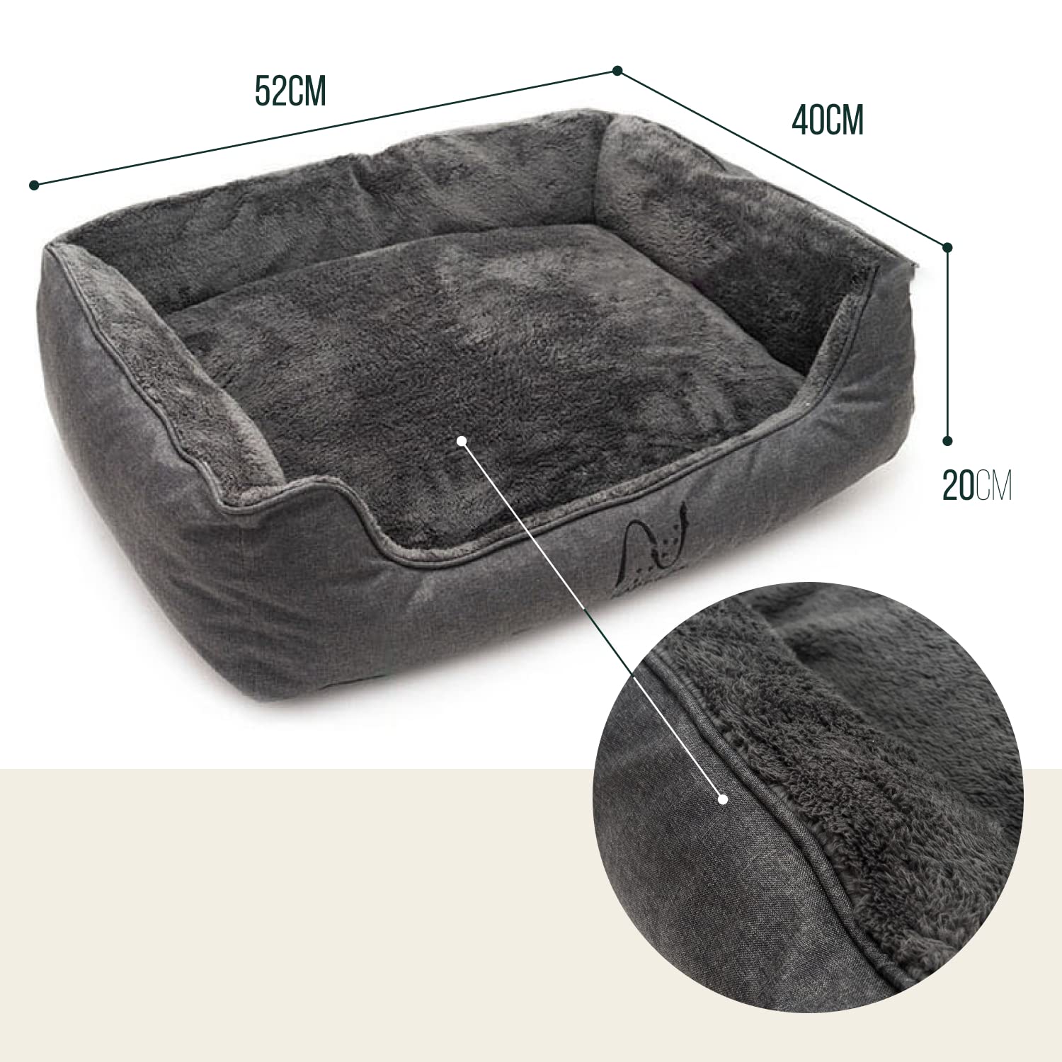Happilax Dog Bed - Washable Plush Pillow - Dog Bed With Removable Cover - Raised Edges - Small To Large Dogs - Rectangular Bolster Pet Bed - Grey