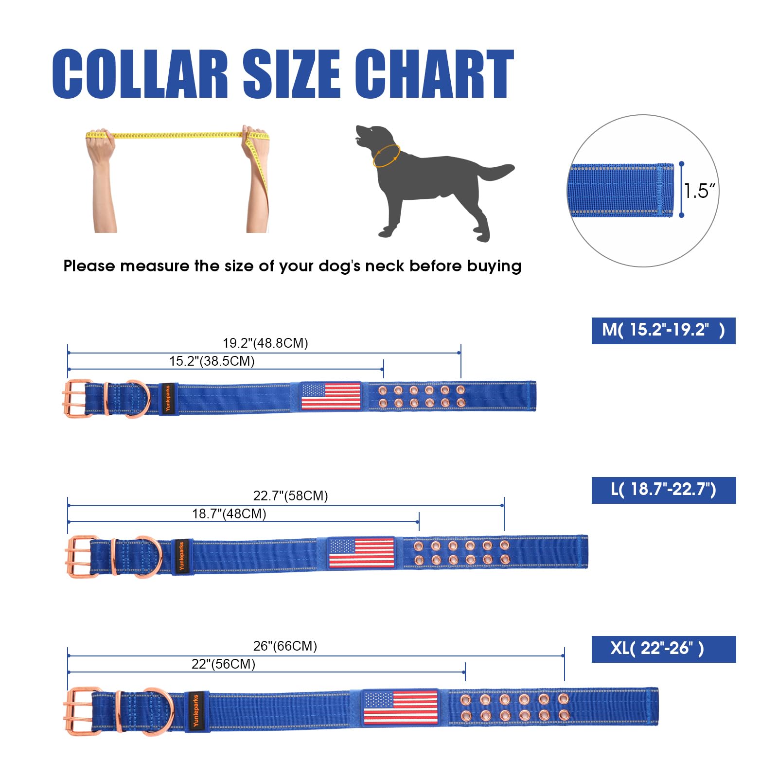 Yunleparks Heavy Duty Tactical Dog Collar With Neoprene Padded And Metal Buckle, Reflective Nylon For Medium To Large Dogs(Blue,