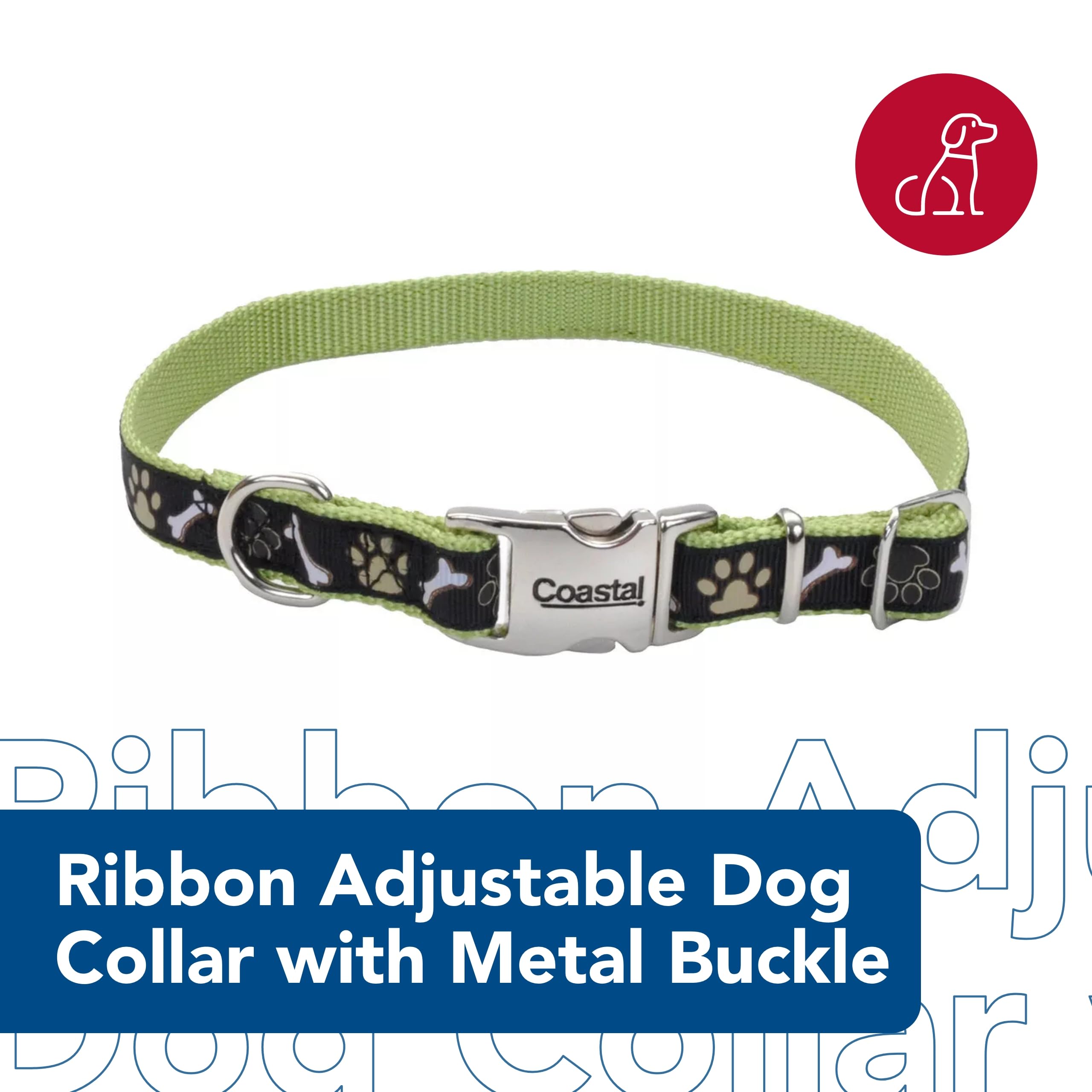 Coastal Pet - Ribbon - Adjustable Dog Collar With Metal Buckle, Brown Paws And Bones, 5/8' X 12'-18'