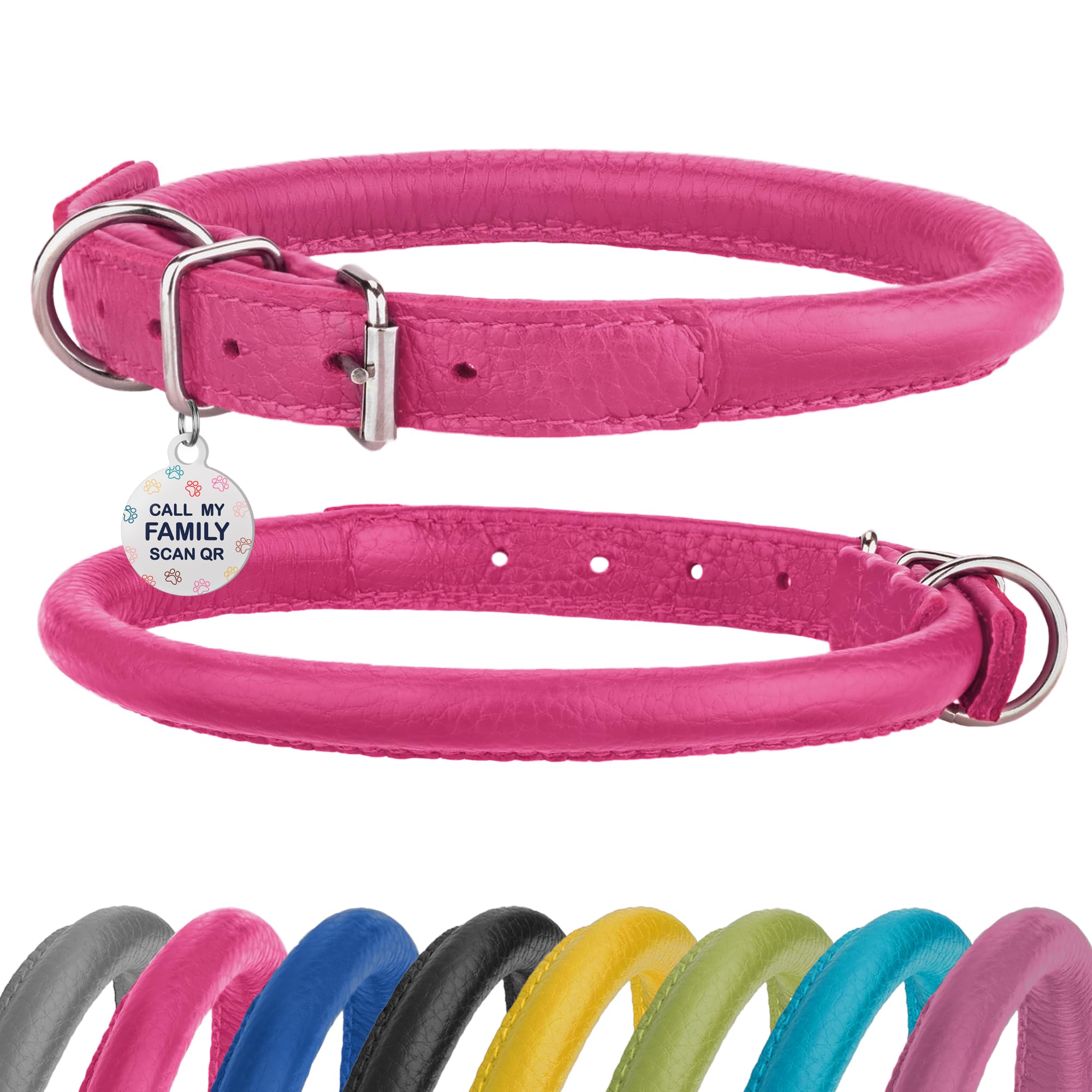 Rolled Leather Dog Collar Soft Round Collars, Id Tag For Small Medium Large Dogs(19-22 Inch, Pink)