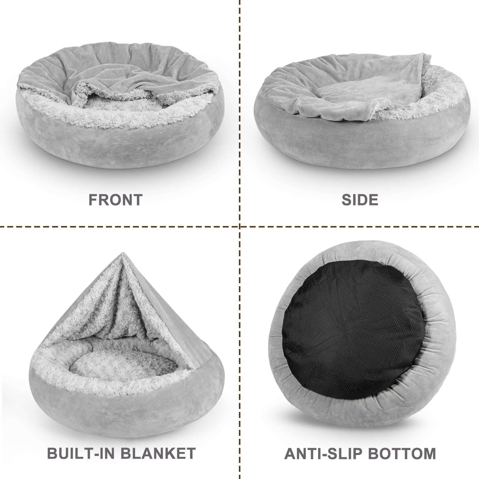 Joejoy Small Dog Bed Cat Bed With Hooded Blanket, Cozy Cuddler Luxury Puppy Pet Bed, Donut Round Calming Anti-Anxiety Dog Burrow Cave Bed - Anti-Slip Bottom And Machine Washable 23 Inch