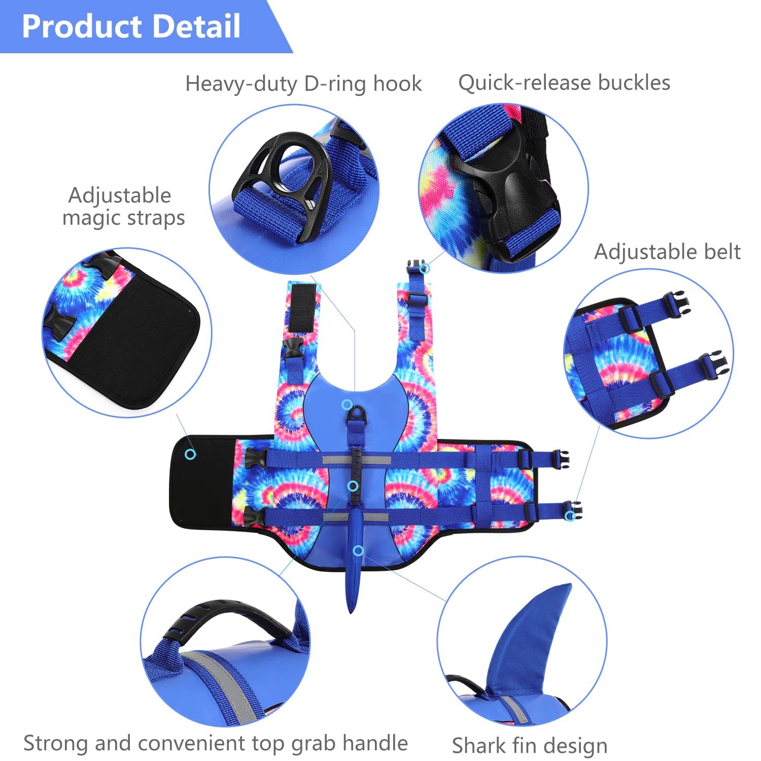 Asenku Dog Life Jacket, High Grade Polyester Oxford Nylon, Quick Drying, Proper Drainage, Shark Design, For Small Dogs, Blue Ban