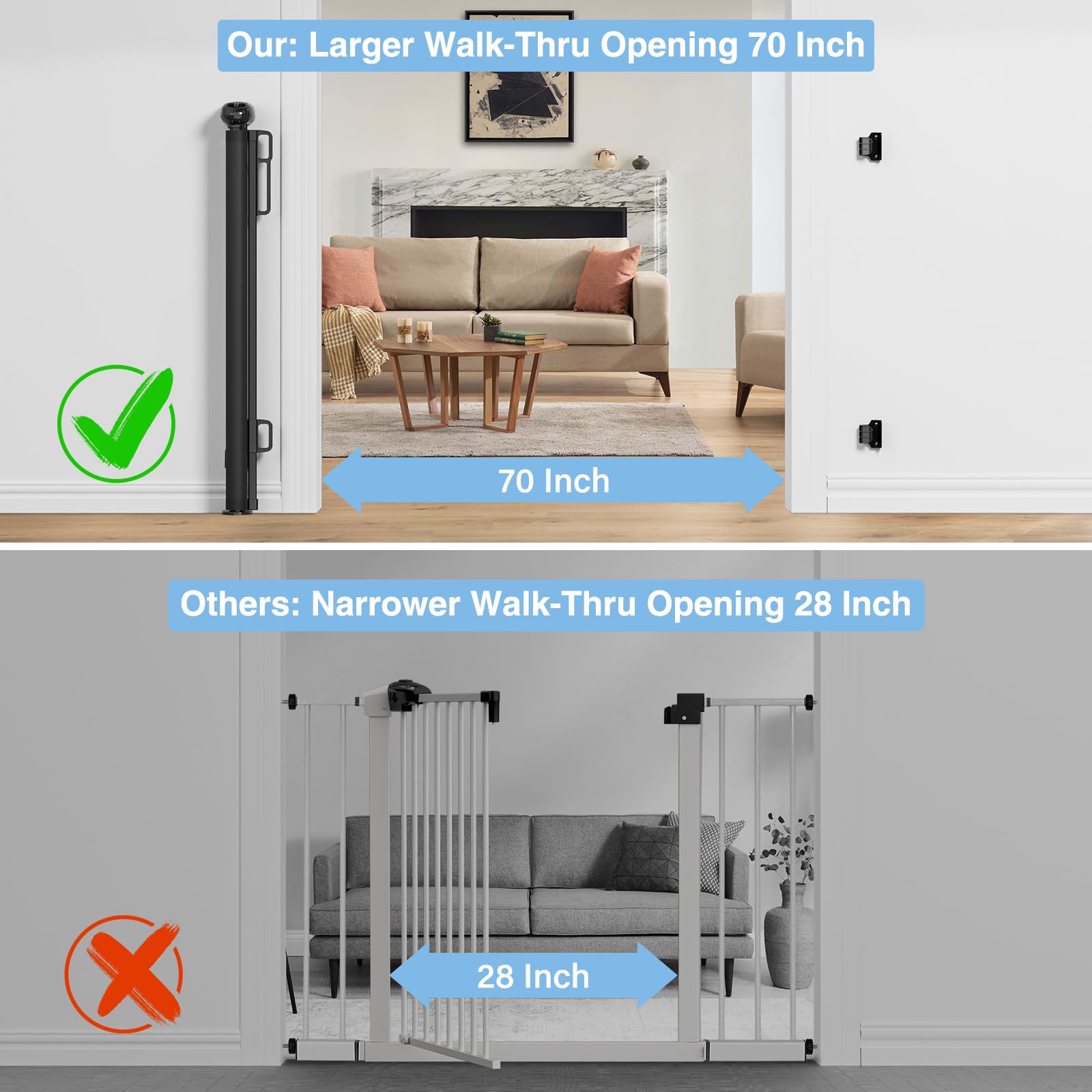 PRObebi Retractable Baby & Dog Gate - Extends to 72 Wide, 34 Tall, for Stairs, Doorways, Hallways, Outdoor, Deck, Porch