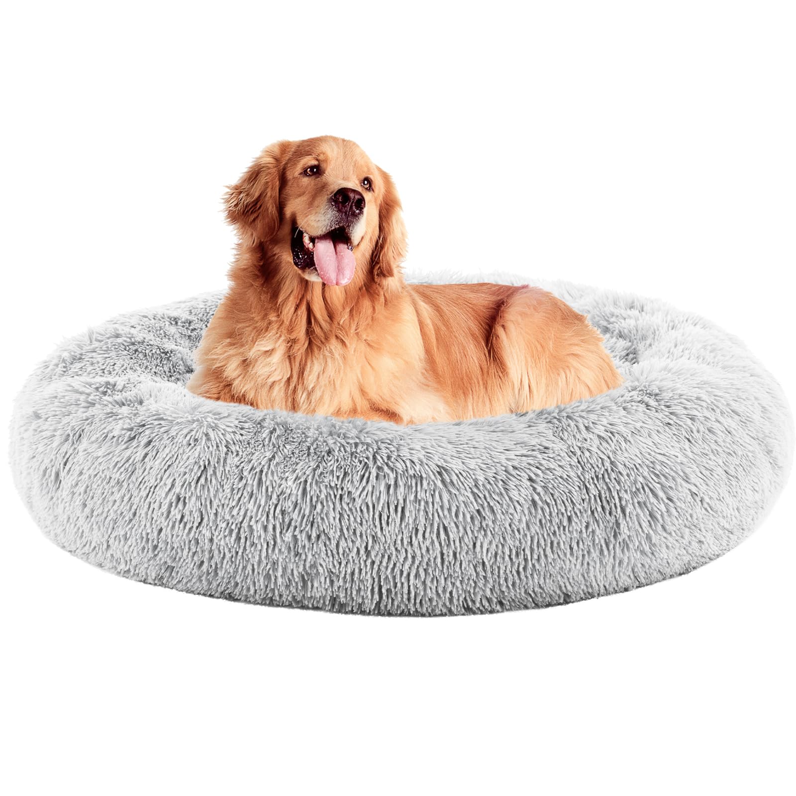 DUMOS 37.4x37.4 Inch Calming Donut Dog Beds for Large Dogs, Machine Washable Cuddler Warming Cozy Fluffy Faux Fur Plush Round Pe