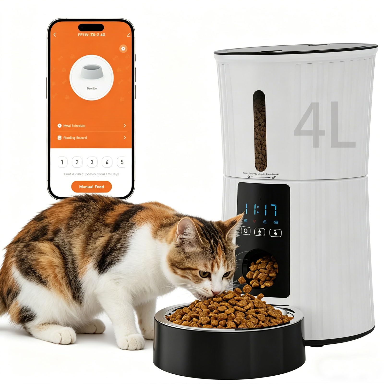 DUMOS Automatic Cat Feeder, 4L WiFi Timed Cat Food Dispenser with APP Control, 10s Voice Recorder, Dual Power Supply, Indoor Pro