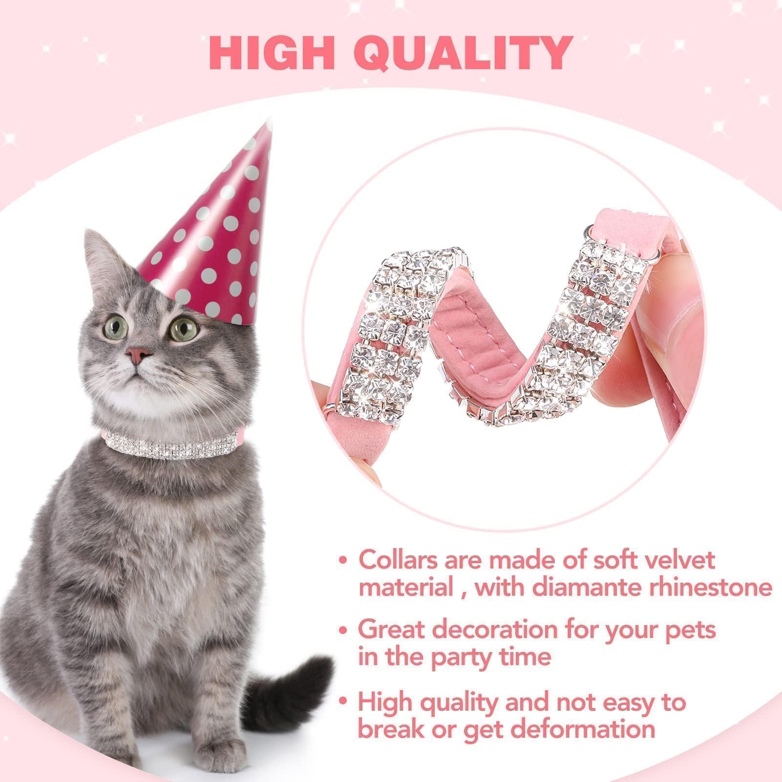 BINGPET Diamond Cat Collar,Adjustable Soft Velvet Leather Safe Kitten Collar with Shiny Rhinestones and Bells,Girl Boy Bling Sty