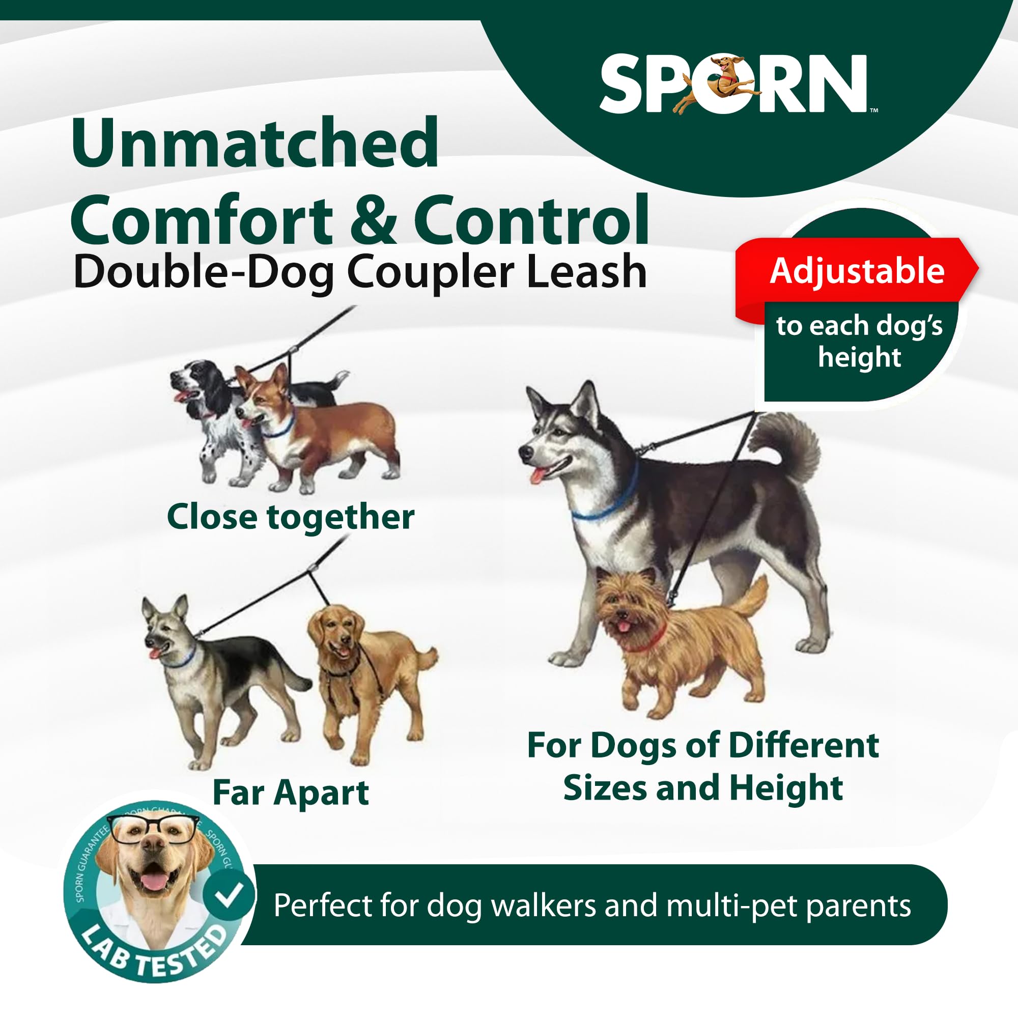 Sporn Double Dog Leash Coupler, Strong Nylon Webbing, Cushion Handle, Standard Size, Black, Model 10079
