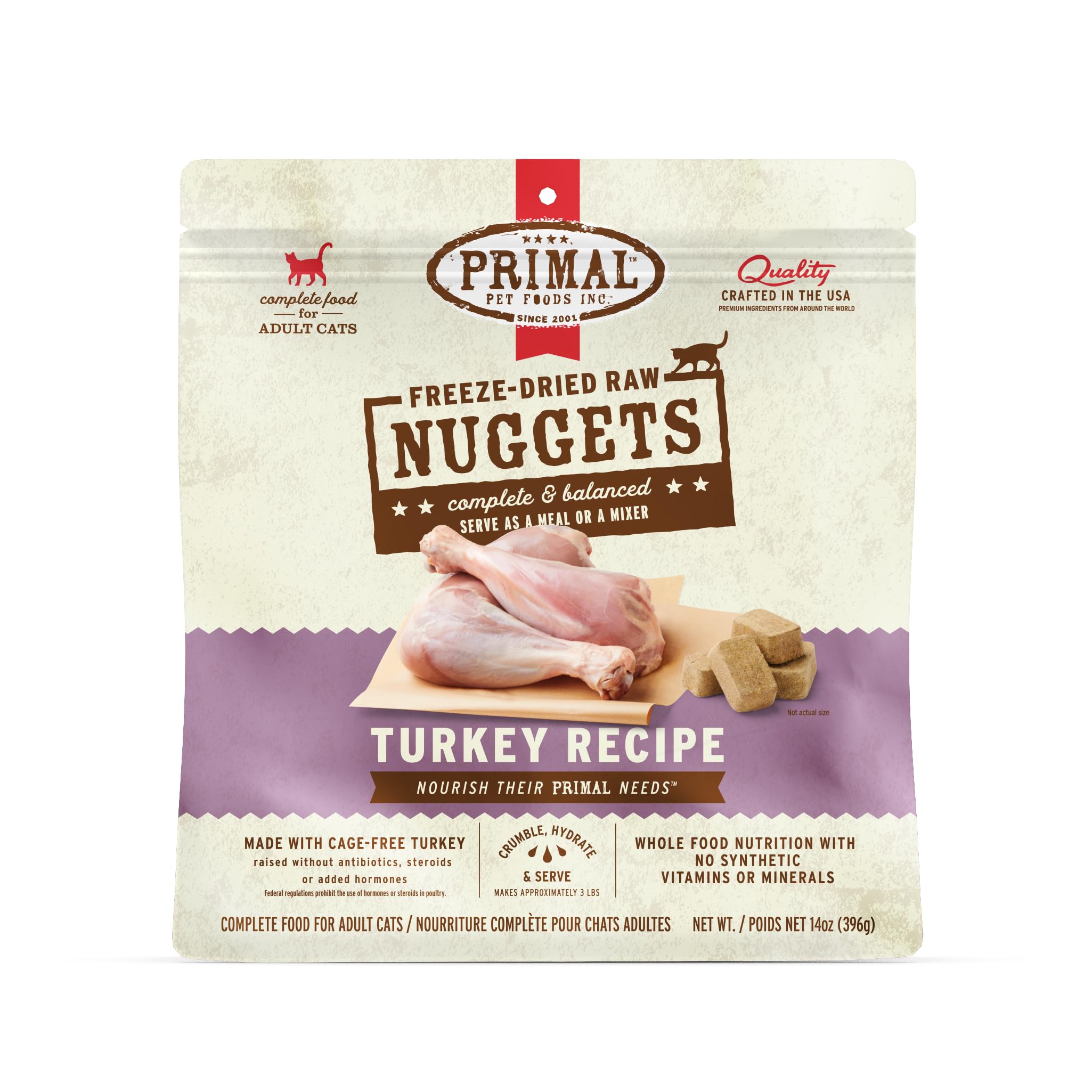 Primal Freeze Dried Raw Cat Food Nuggets Turkey, Complete & Balanced Meal or Topper, Premium, Healthy, Grain Free, High Protein 