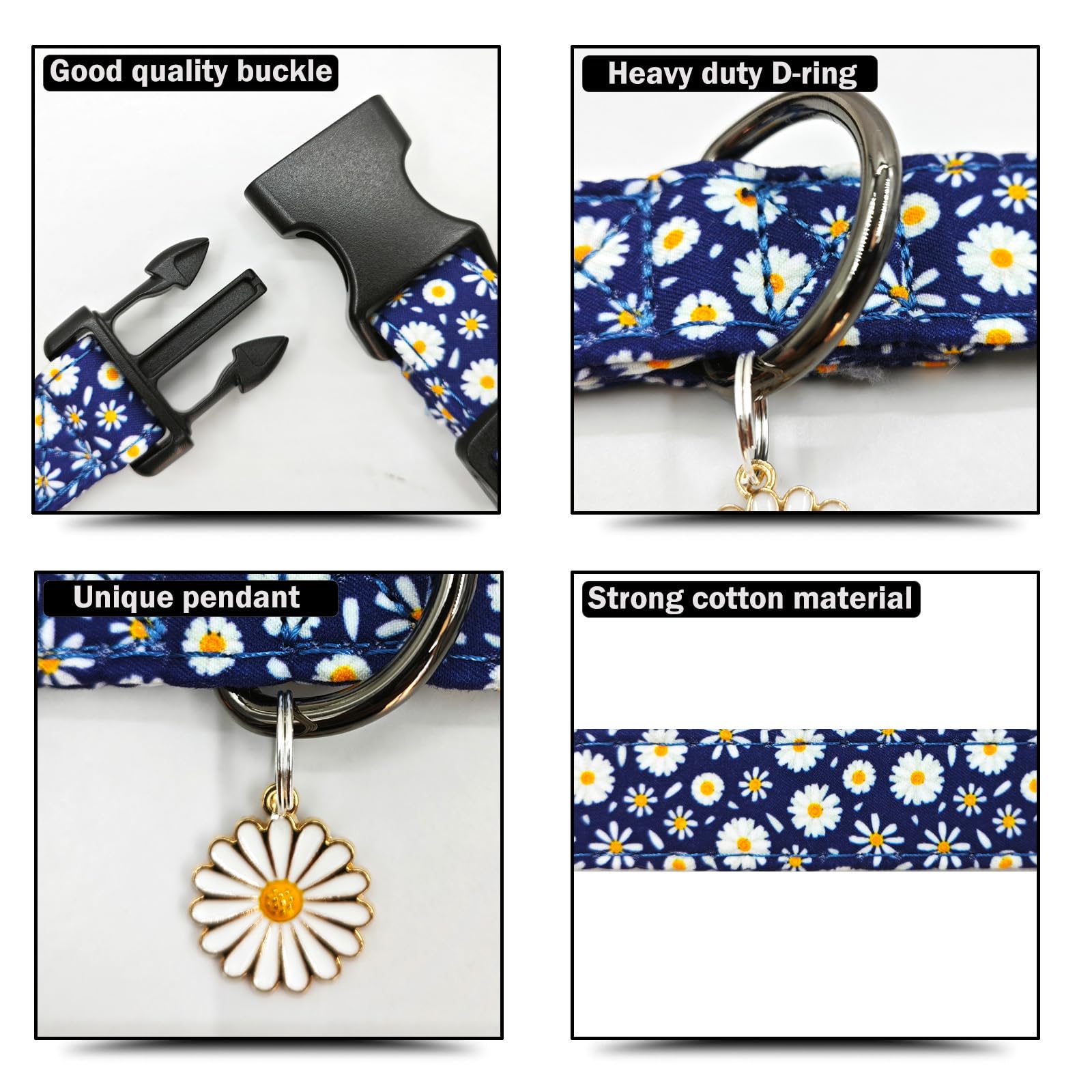Flower Patterns Dog Collar With Accessories, Soft Cotton Dog Collars For Small Medium Large Female And Male Dogs(Bule Daisy L)
