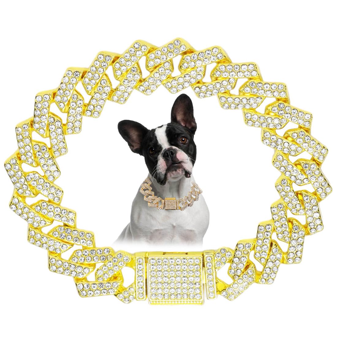 Golden Dog Chain Collar, Bling Diamond Cuban Link Puppy Collar Glitter Rhinestone Cat Collars For Small Medium Large Pet Dogs 8I