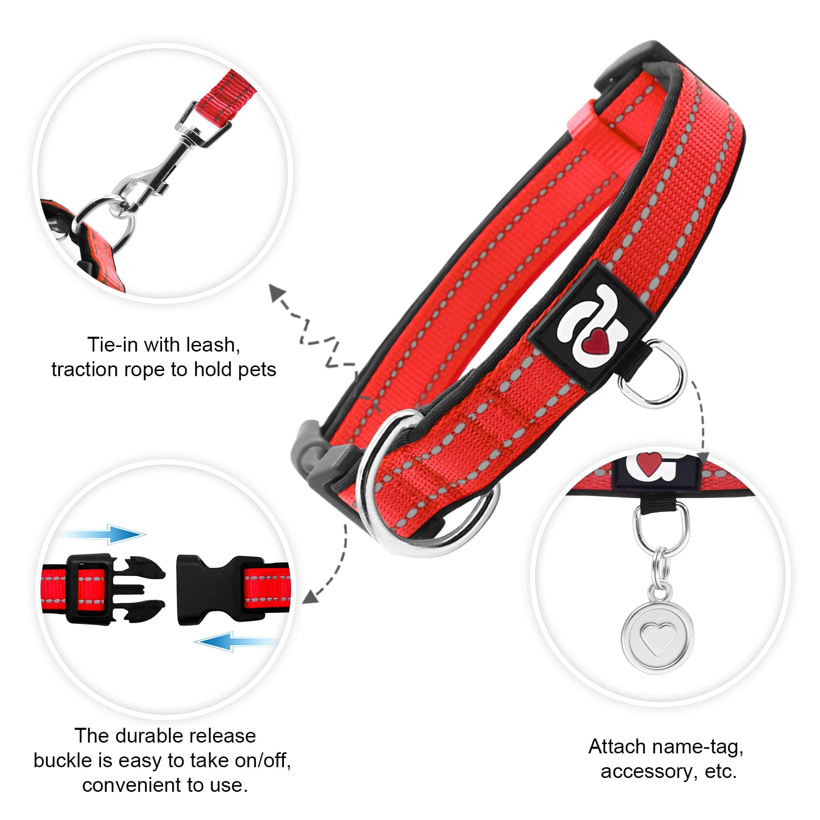 Azuza Reflective Dog Collar With Airtag Holder, Soft Neoprene Padded Pet Collar With Id Tag Ring, Adjustable For Large Dogs,Red,