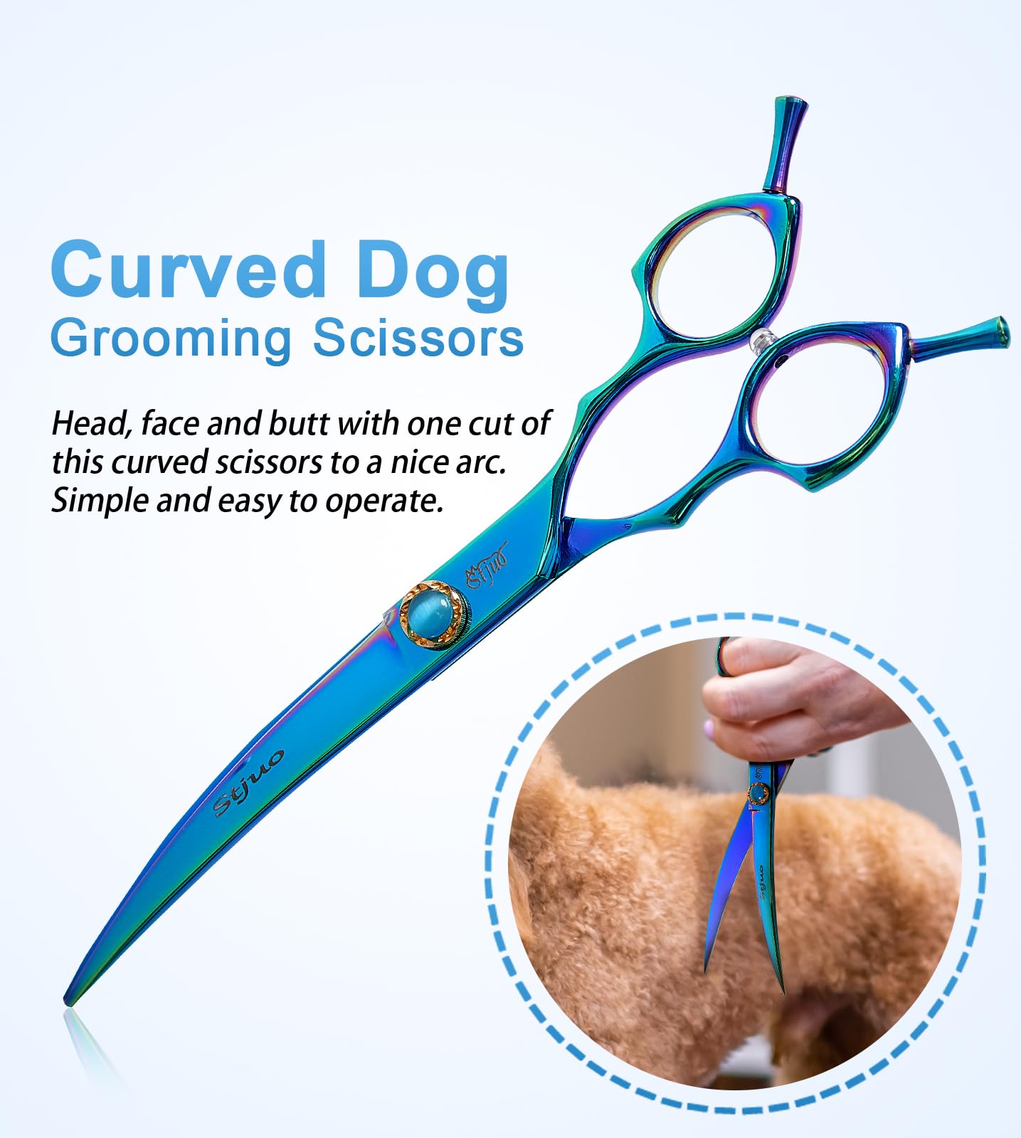 Stjuo 7.5'' Dog Curved Scissors For Grooming 440C Stainless Steel Green Professional Pet Trimming Scissors Sharp Blades Cutting