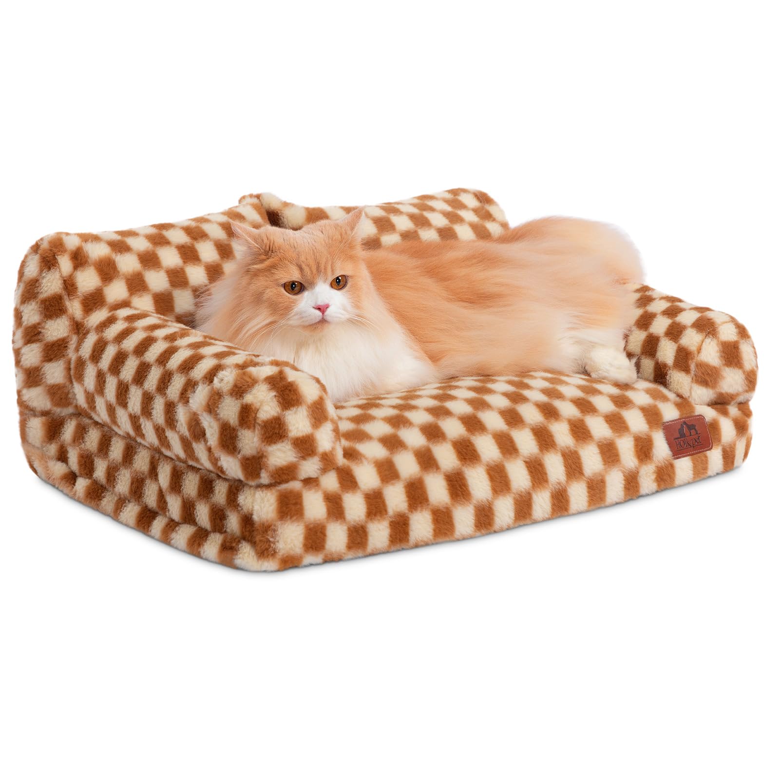 Hollypet Fluffy Dog Cat Bed Pet Couch Beds Plush Soft Warming Washable Puppy Bed for Small Medium Dogs and Large Cats, Brown and
