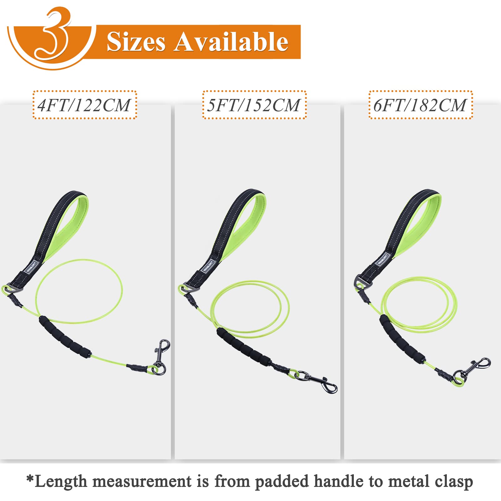 Vivaglory Waterproof Dog Leash, Twisted Stainless Steel Wire Rope Chew Proof Cable Lead With Extra Foam Handle For Small Medium Large Dogs, Green