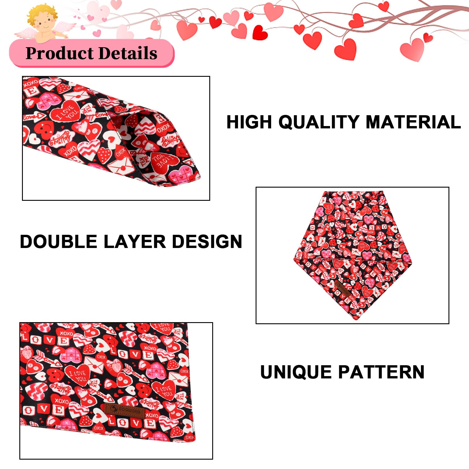 Dogwong Valentine'S Dog Bandanas 2 Pack, Triangle Reversible Love Heart Pet Scarf Durable Red Heart Holiday Bandana For Small An