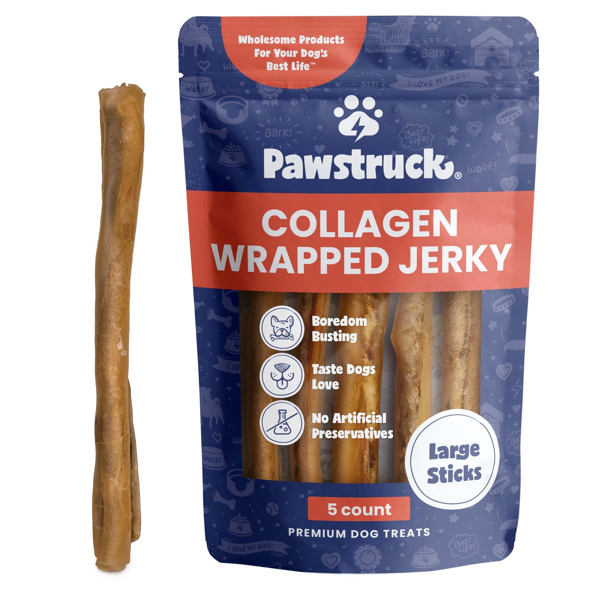 Pawstruck 2-in-1 Collagen Wrapped Jerky Natural Treats for Dogs - 5 Large Sticks - Limited Ingredient Grain Free for Small, Medi