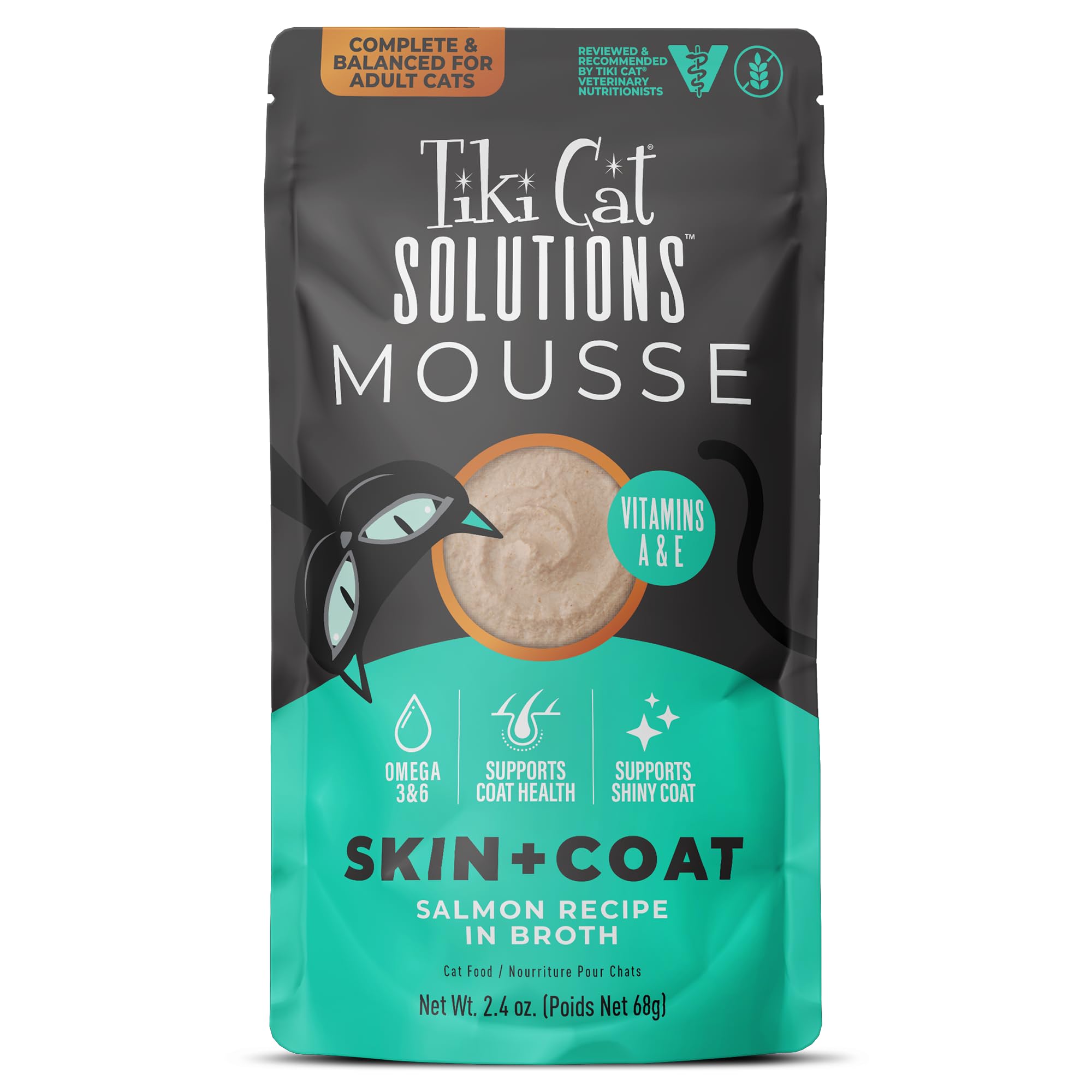 Tiki Cat Solutions Mousse Skin & Coat Mousse, Salmon Recipe, Specially Formulated with Omega Fatty Acids, Functional Wet Cat Foo