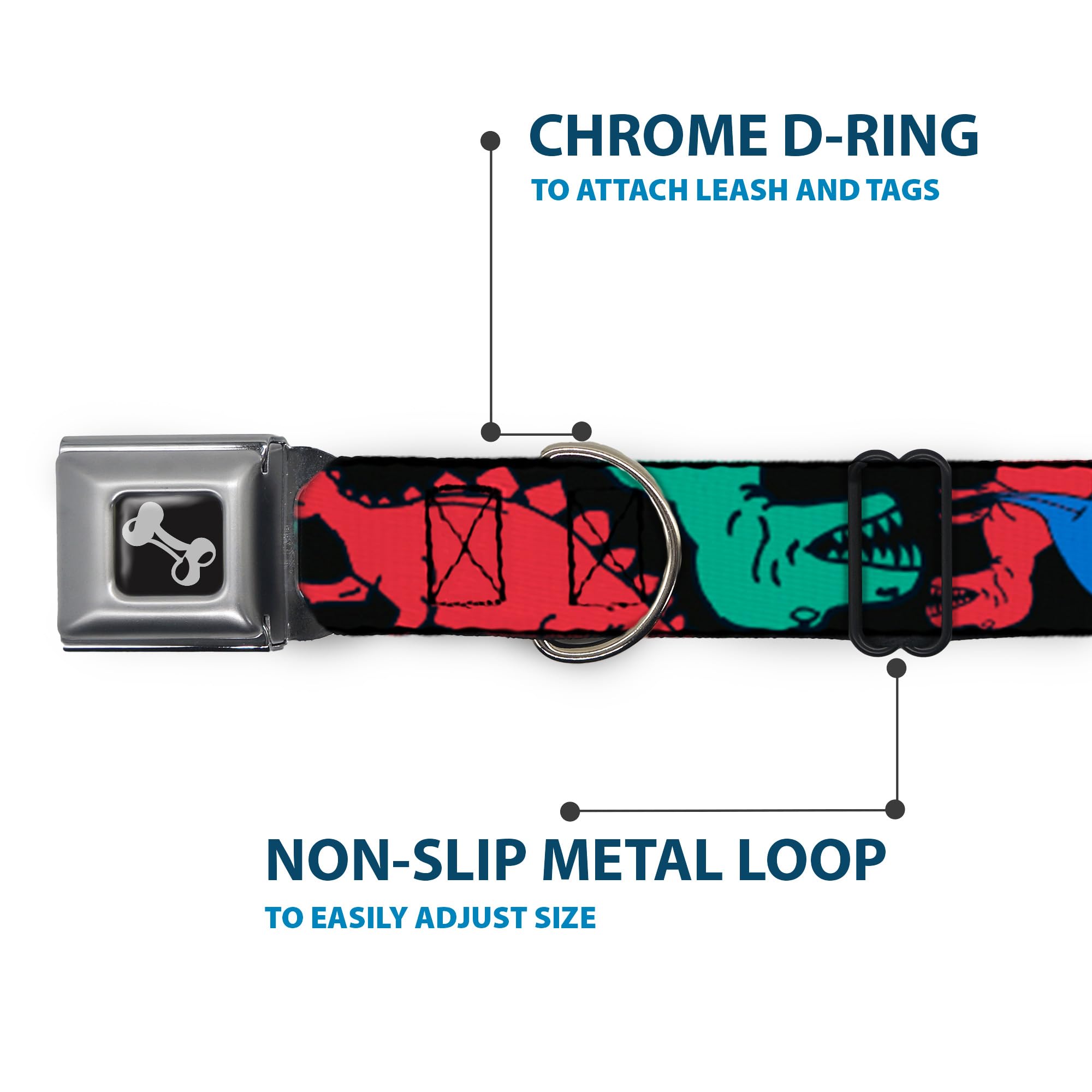 Buckle-Down Seatbelt Buckle Dog Collar - Dinosaurs Black/Multi Color - 1.5' Wide - Fits 18-32' Neck - Large