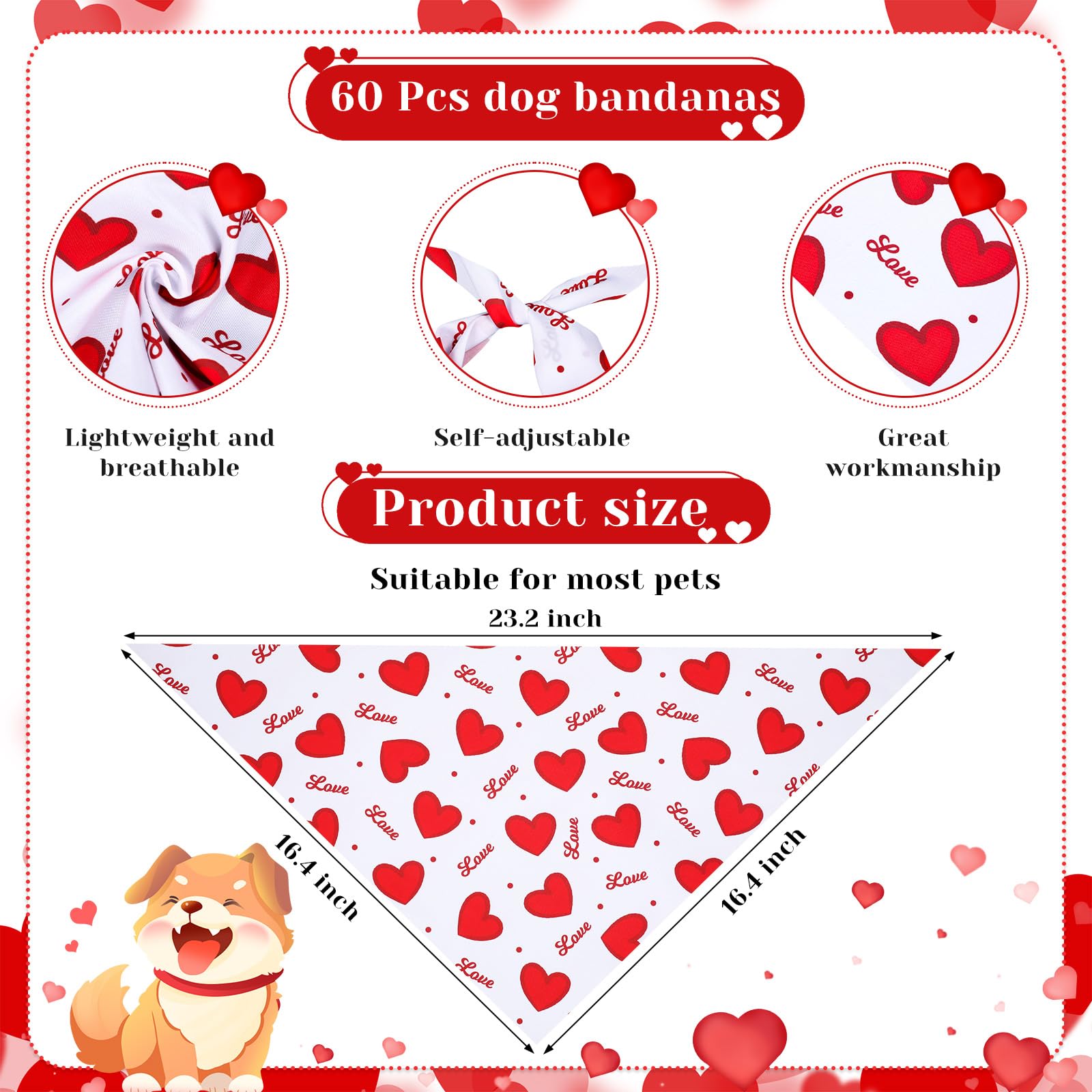 Reginary 108 Pcs Valentine'S Day Dog Bandanas Bulk Dog Neck Ties Set Adjustable Washable Pet Triangle Red Pink Heart Medium Smal