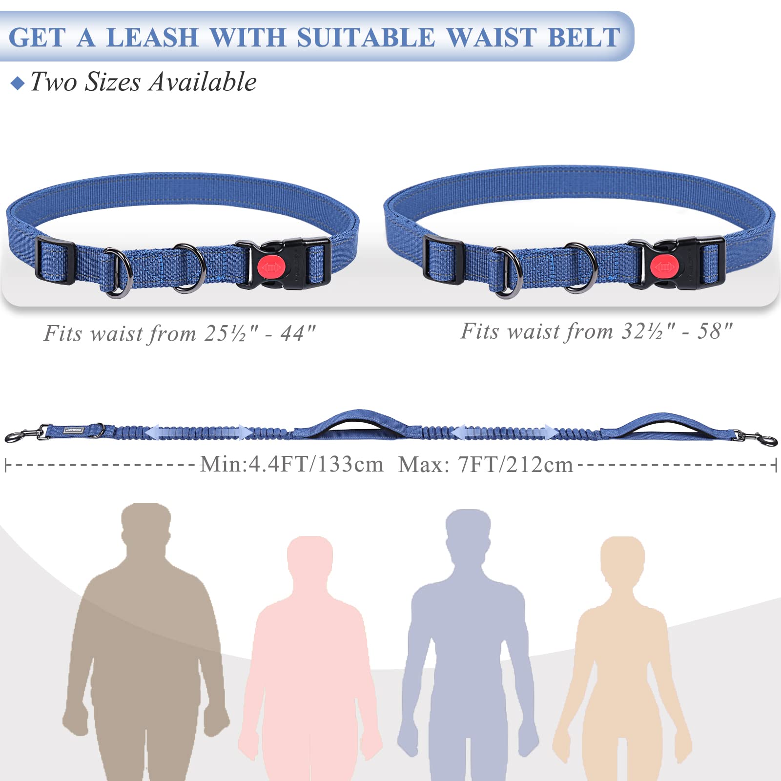 Vivaglory Hands Free Dog Leash With Dual Advanced Anti-Shock Bungees And Padded Handles, Reflective Waist Running Leash With Adjustable Belt For Training Jogging For Medium Large Dogs, Navy Blue/Black