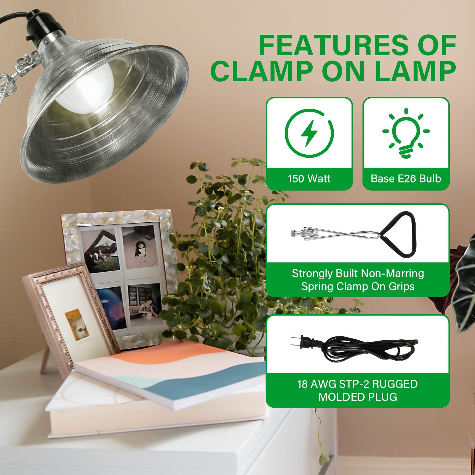 Simple Deluxe Clamp Lamp Light With 8.5 Inch Aluminum Reflector Up To 150 Watt E26 (No Bulb Included) 6 Feet 18/2 Spt-2 Cord, 2-