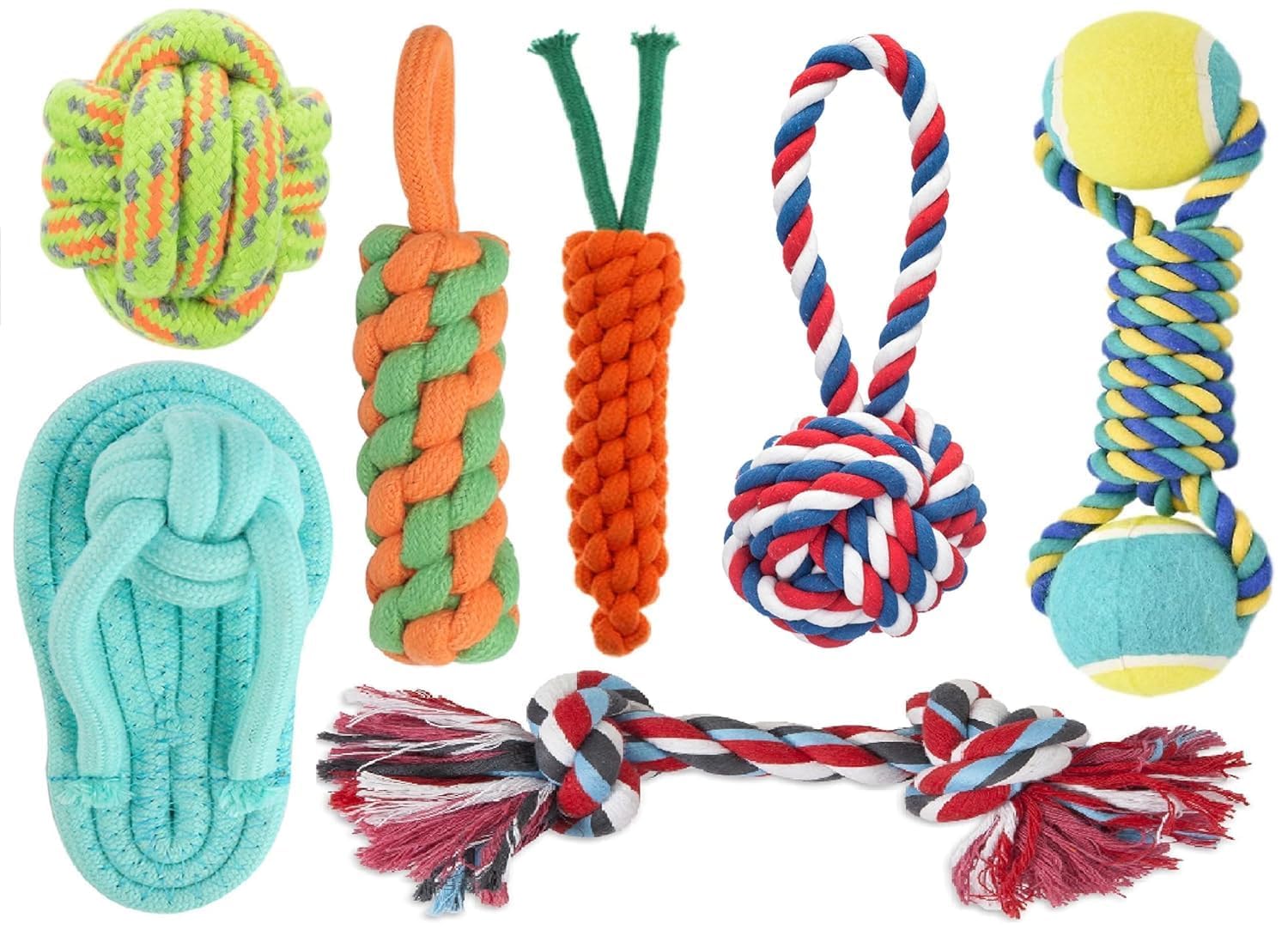Set of 7 Natural Cotton Rope Chew Toys with Tennis Ball, Braided Knots for Small Medium Large Dogs, Heavy Duty Teething Tug Toy 
