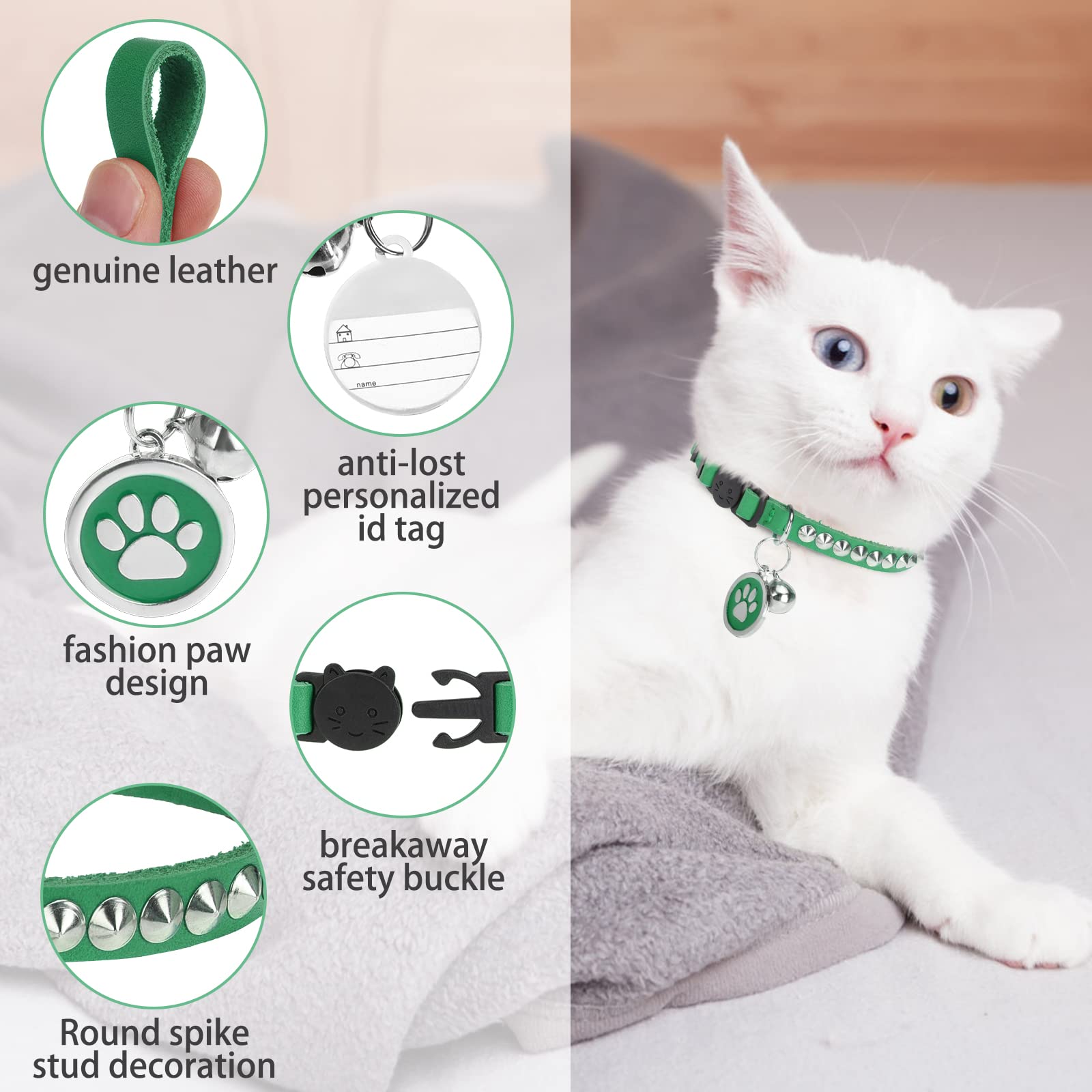Dillybud Leather Personalized Breakaway Cat Collar With Studded Bell And Safety Quick Release Buckle - Rivets Studded Id Diy Collars For Boy Girl Cats Kittens, 9' - 11.5' Green