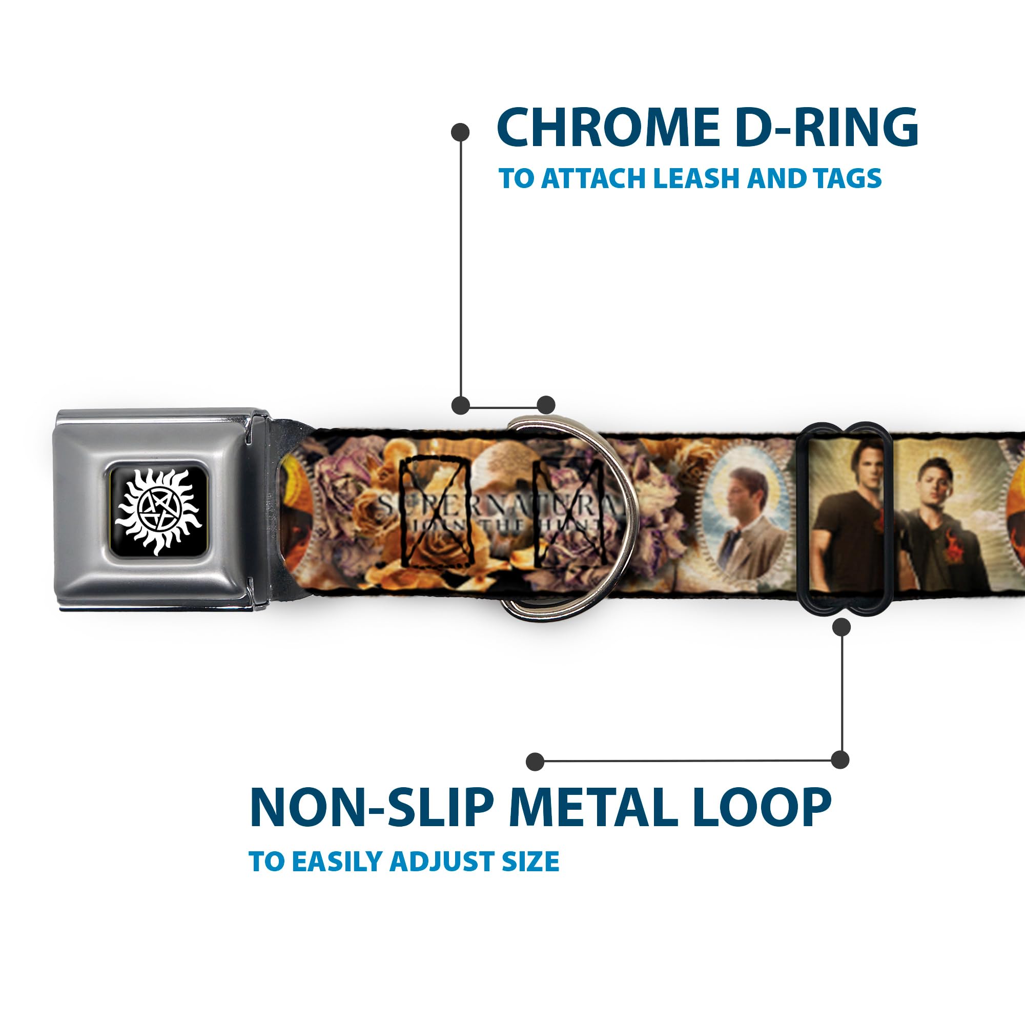 Buckle-Down Dog Collar Seatbelt Buckle Supernatural 4 Character Saintly Icons Skull Roses, 1 Wide - Fits 11-17 Neck - Medium