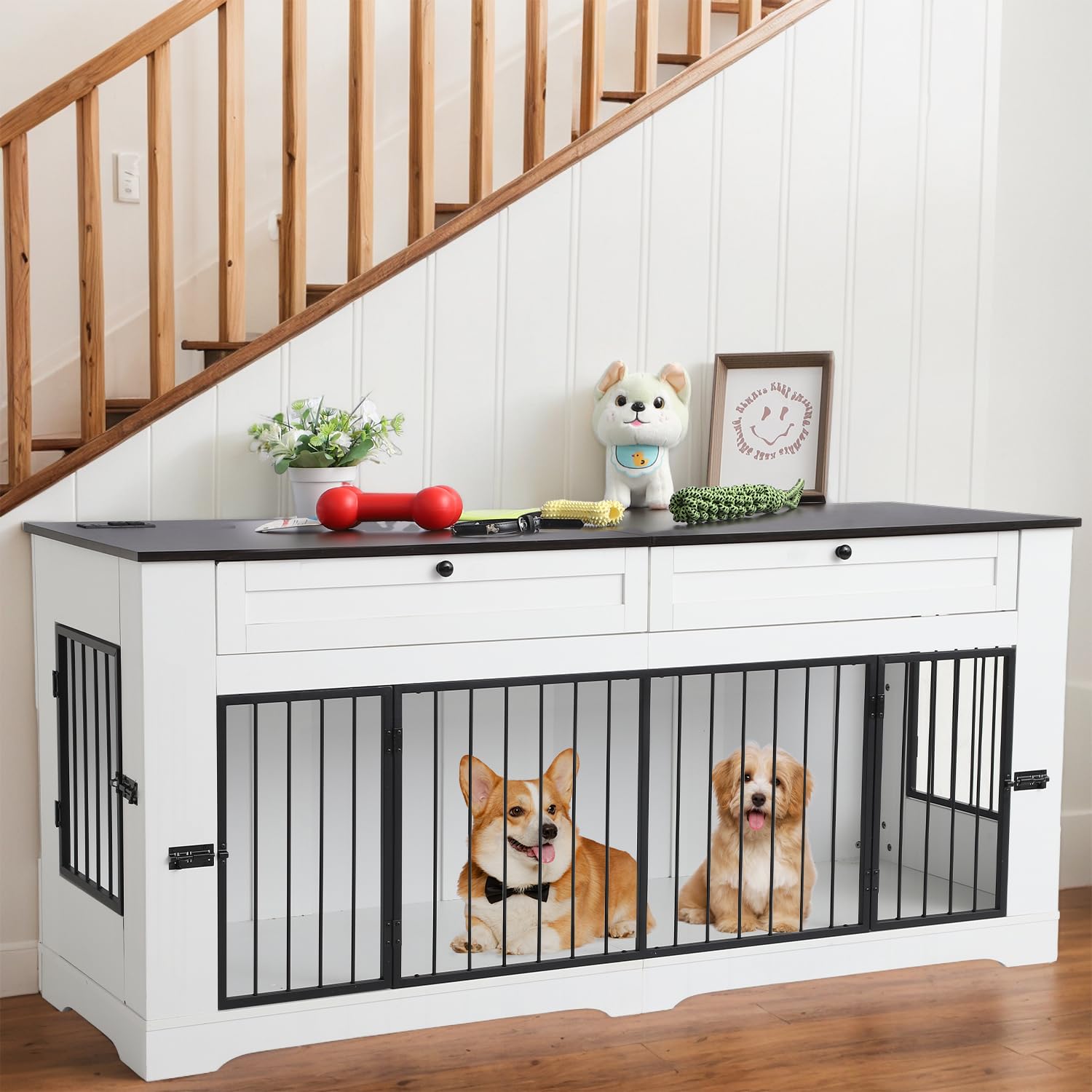 FKLUG Large Dog Crate Furniture-Decorative Heavy Duty Dog Cage Indoor, Wooden Dog Cage End Table with Charging Station, Dog Hous