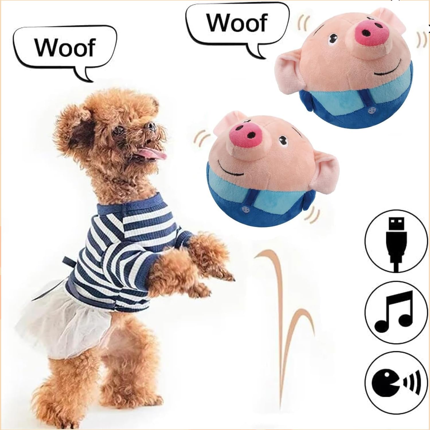 OTXKXBLP Active Moving Pet Plush Toy, Interactive Dog Toys Pet Bouncing Balls, USB Rechargeable Interactive Washable Cartoon Pig