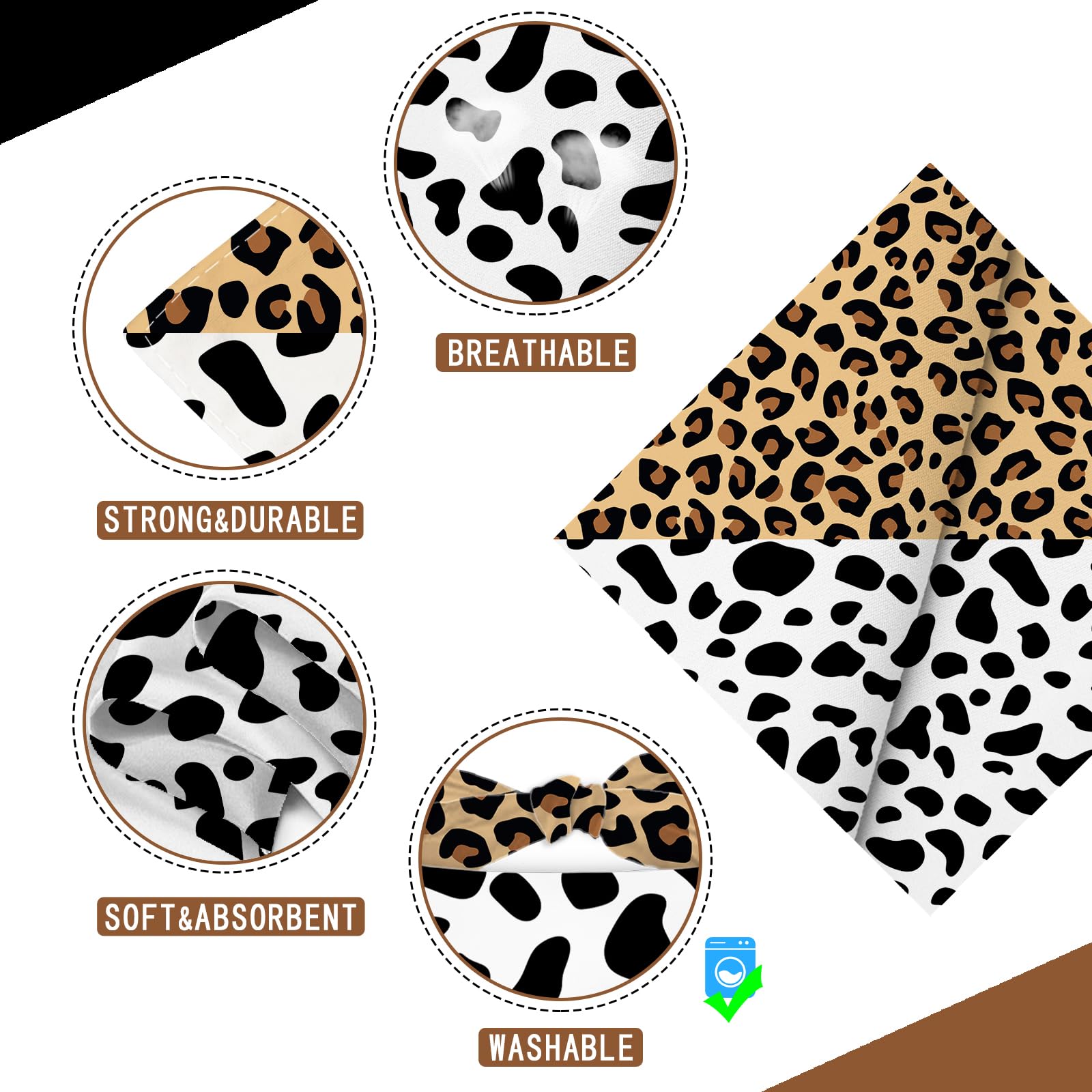 Liboom - Cow Spots And Leopard Prints Dog Bandana Washable Pets Scarf Triangle Adjustable Handkerchief, Double Sided Printing, W