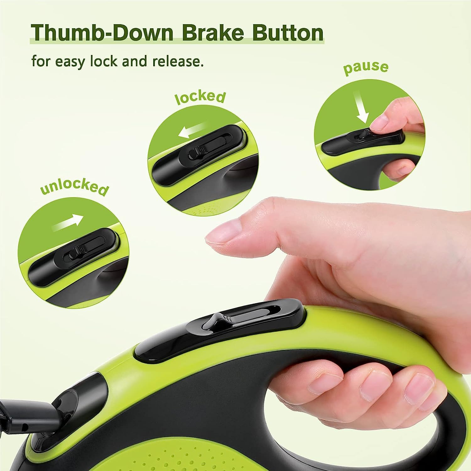Pecute Retractable Dog Leash, 16 ft, 66lbs, Nylon, Green, Rechargeable Light, Tangle-Free, Model PRL-L5M02, Medium Size