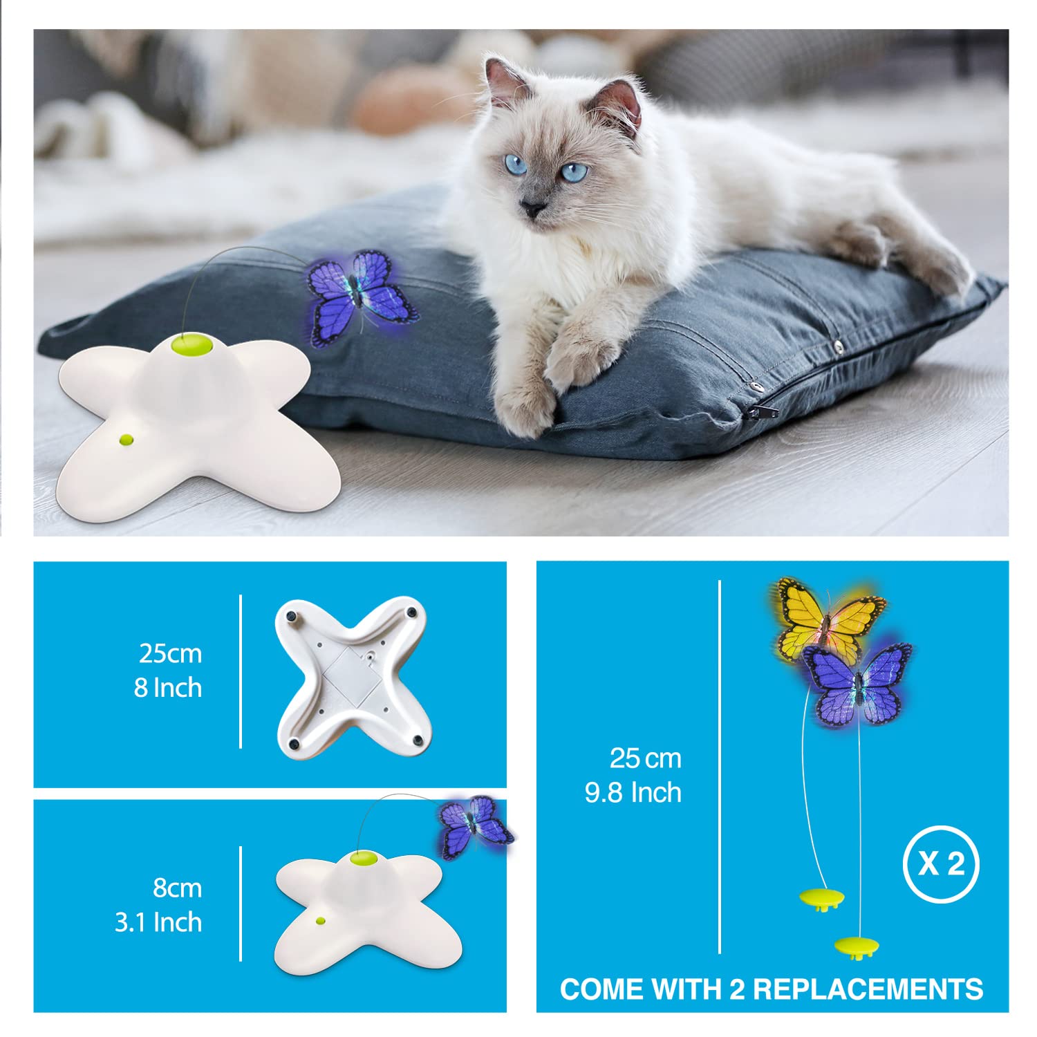 ALL FOR PAWS AFP Interactive Cat Toy - Butter-Fly Flutter Bug Toy for Indoor Cats, Model Primo2080, Classic Butterfly Color