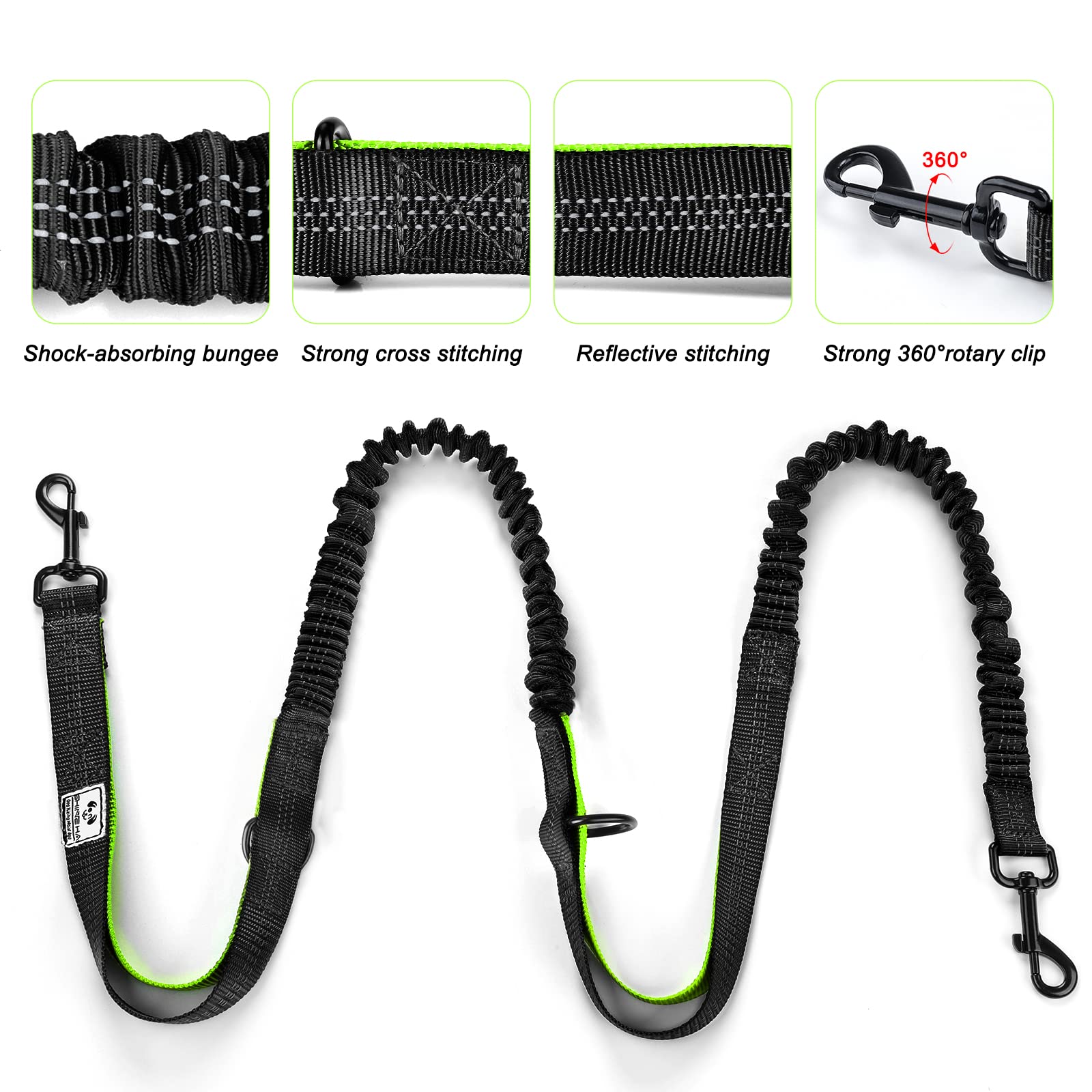 SHINE HAI Retractable Dog Leash for 2 Dogs, Adjustable Waist Belt, Nylon, Green/Black, Model MA-US22-DL, Reflective Stitching