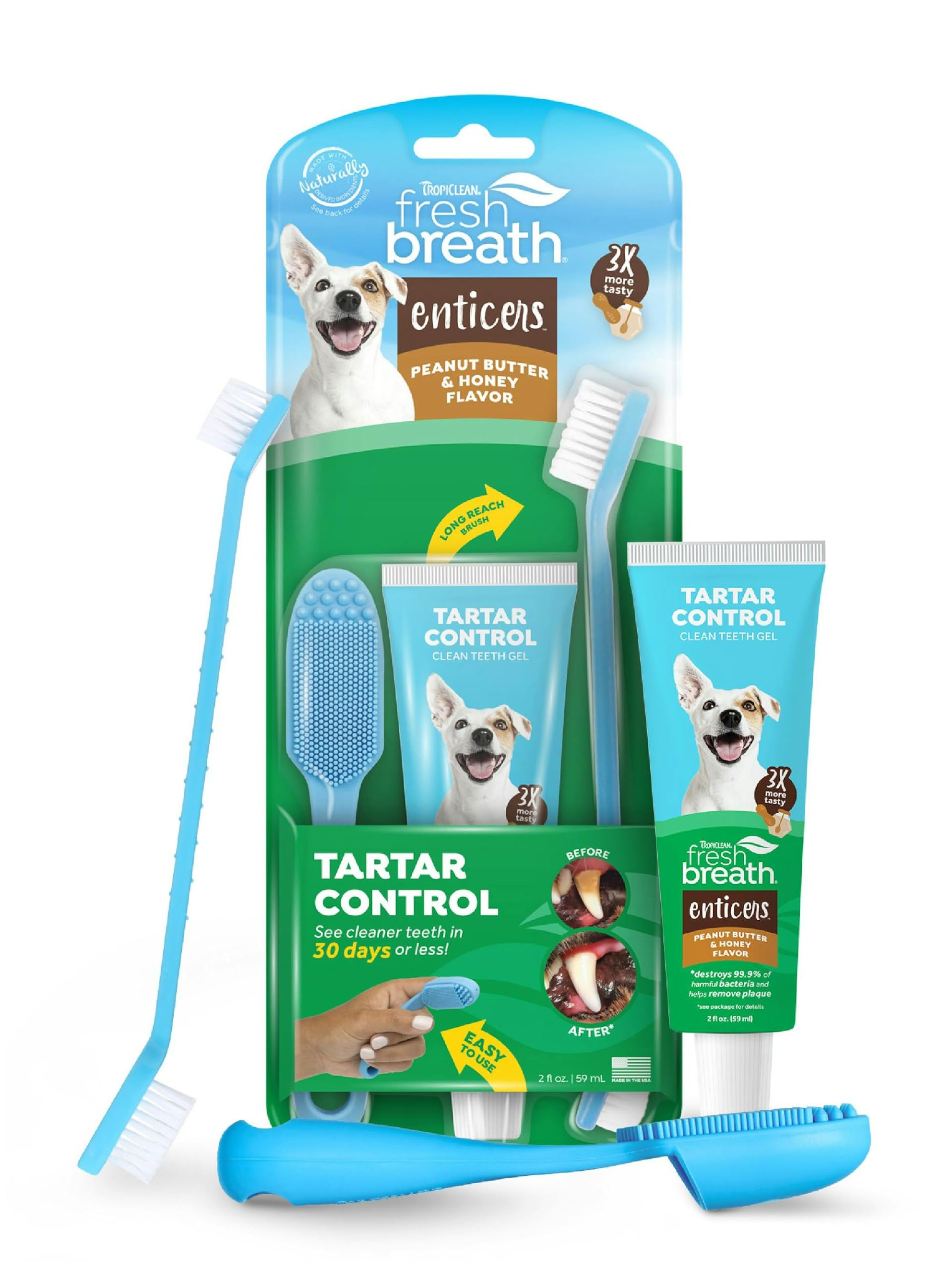 TropiClean Fresh Breath Oral Care Kit - Soft Bristle Finger Toothbrush - Dog Tooth Brushing Kit - Peanut Butter and Honey Flavor