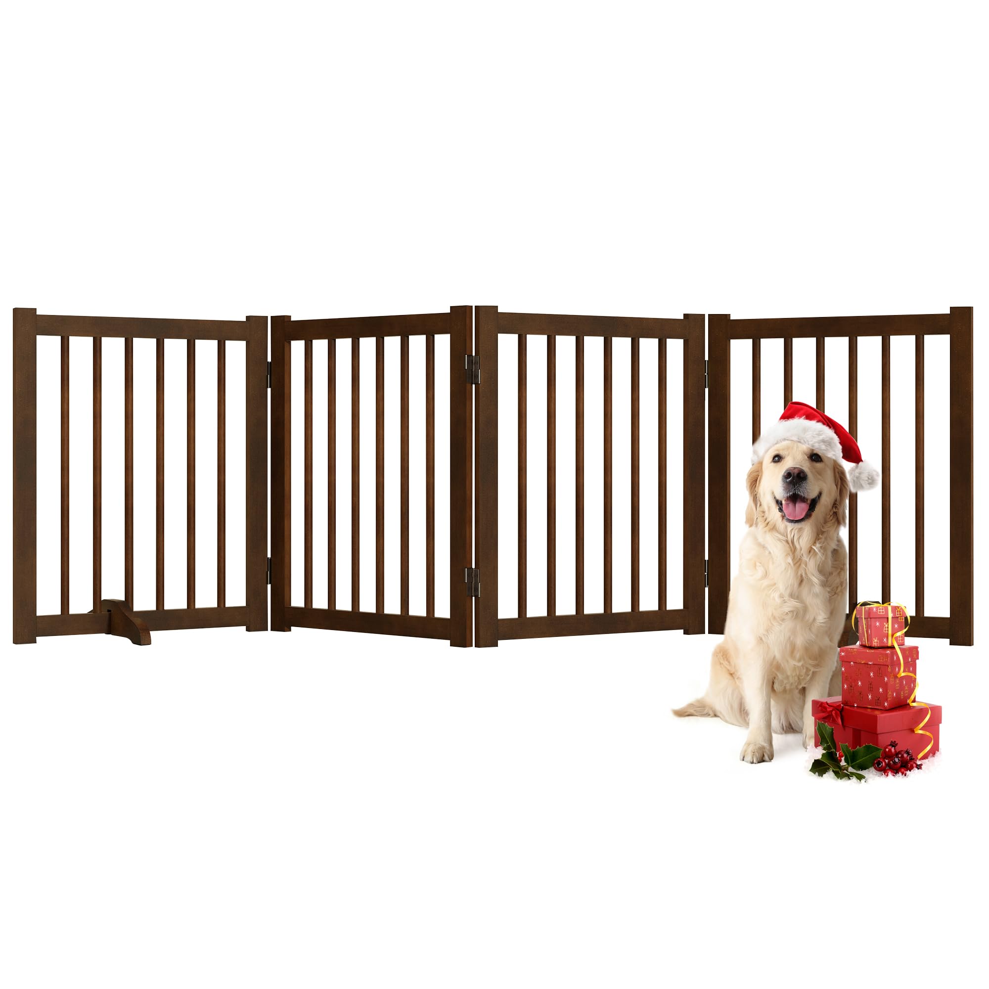 Solid Wood Freestanding Pet Gate - 4 Panels 24'' - Folding Safety Fence with 2 Support Feet - Ideal for Stairs, Doorways, Halls,