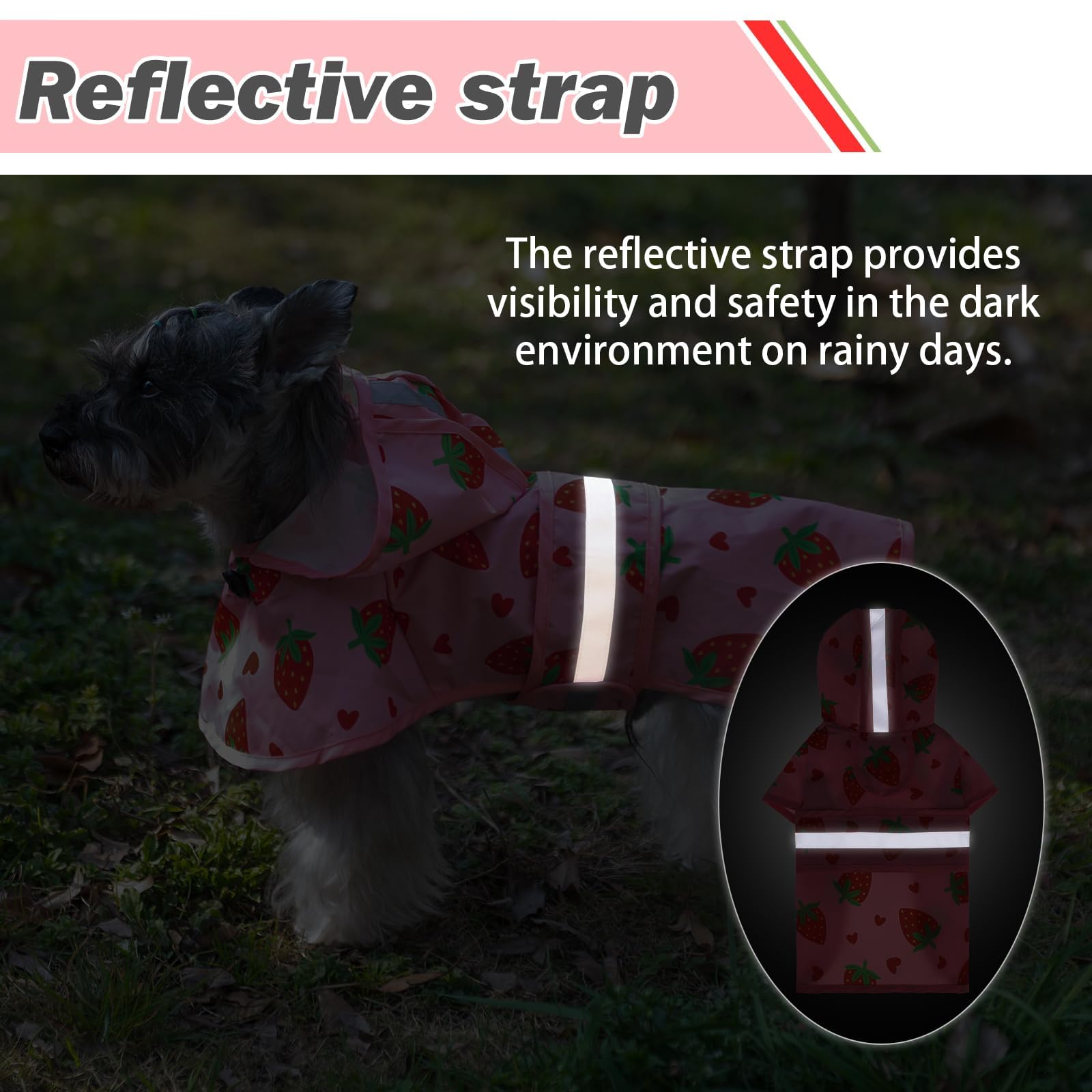 Kooltail Dog Raincoat Hooded Slicker Poncho With Leash Hole, Strawberry S: Waterproof Dog Rain Jacket, Reflective Strip, Adjusta