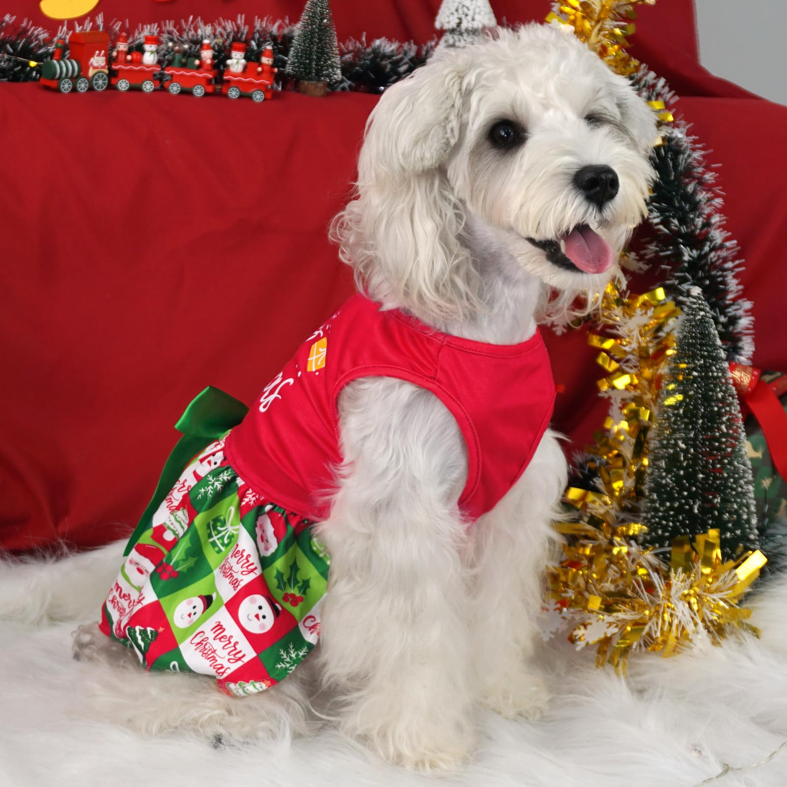 Xpudac Dog Christmas Outfit Dog Dress Holiday Puppy Clothes For Small Dogs Girl, Pet Costume Cat Outfits Green Red-Xxs