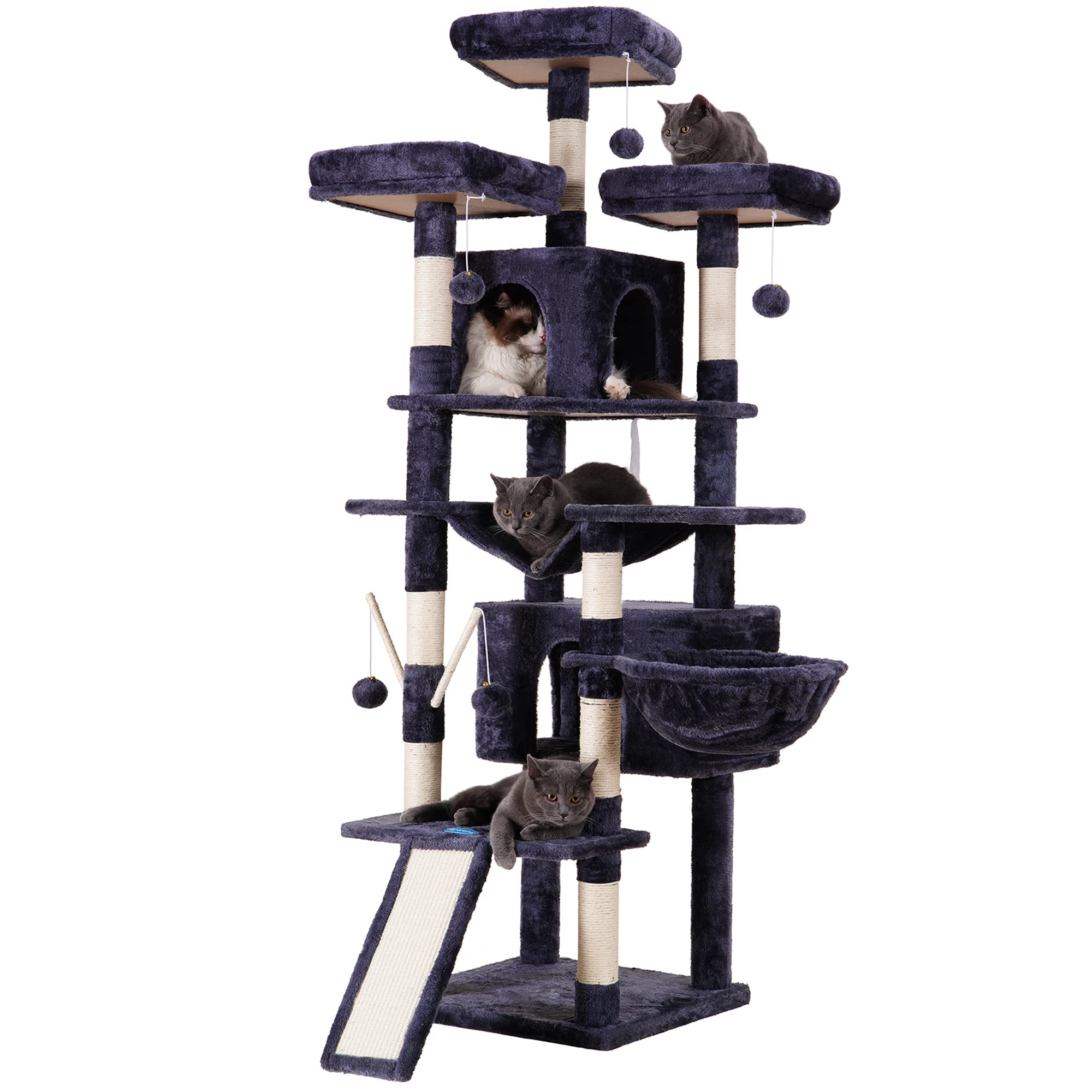 Hey-Brother Cat Tree, 71 Inches Xl Large Cat Tower For Indoor Cats, Multi-Level Cat House With 3 Padded Perches, Big Scratcher, Cozy Basket, 2 Cat Condos And Scratching Posts, Smoky Gray Mpj034G
