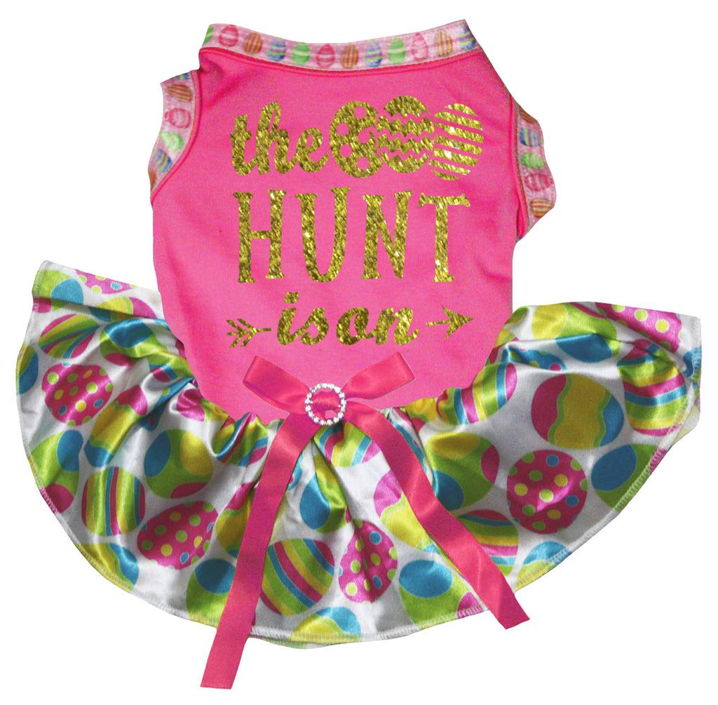 Petitebella The Easter Egg Hunt Is On Puppy Dog Dress (Hot Pink/Rainbow Eggs, Small)