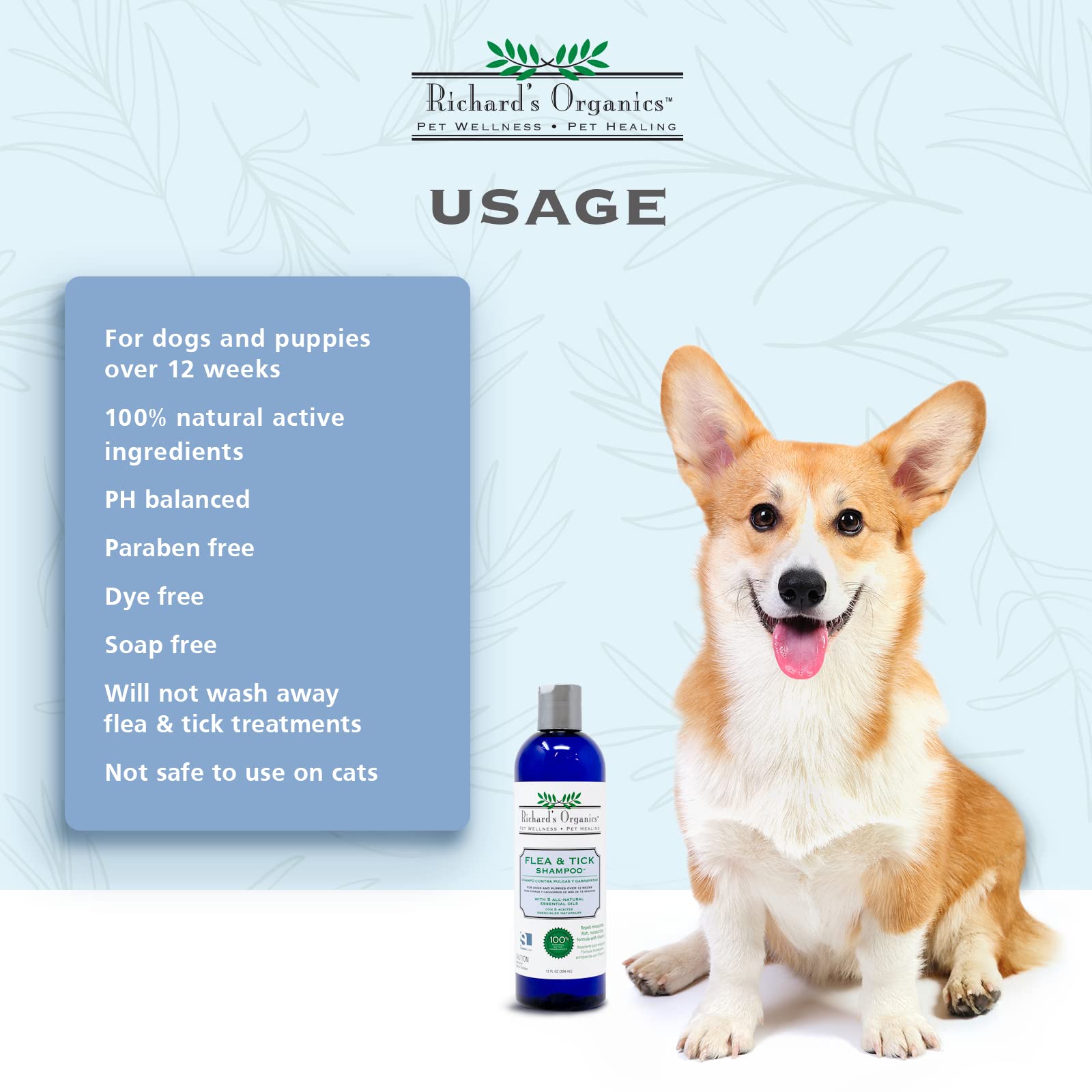 Richard’s Organics Flea and Tick Shampoo for Dogs – 100% Natural, 12oz, Blue, Model FG00440, Gentle on Skin, Great Smell