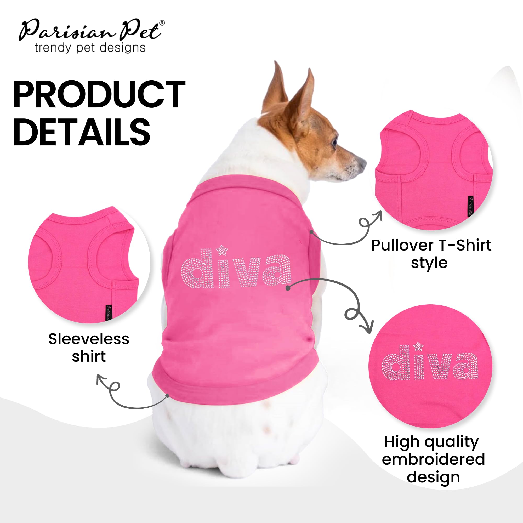 Parisian Pet Dog T-Shirt with Embroidered  Diva  - Breathable Pink Dog Clothes - Sleeveless Pet Vest - Machine Washable Pink D
