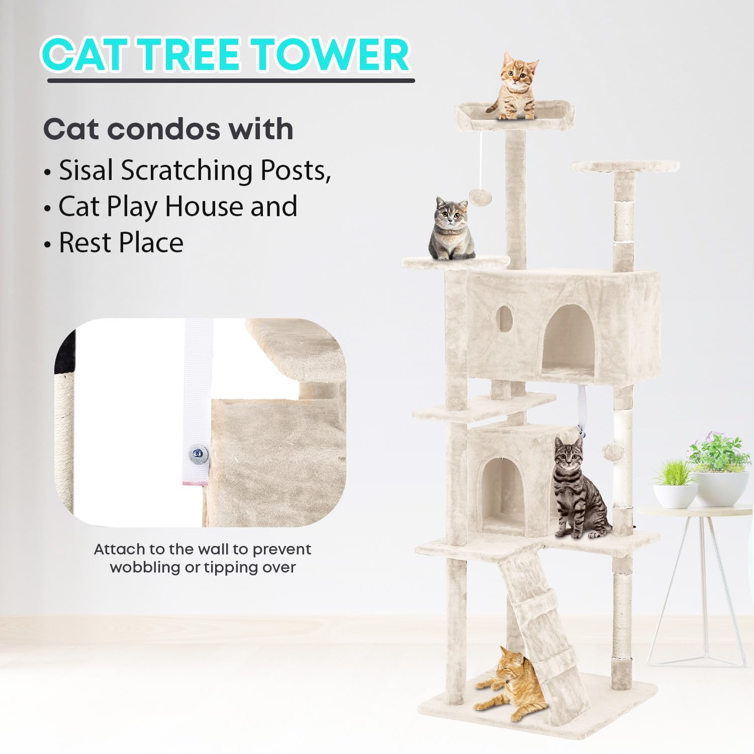 Fdw Cat Tree 70In Cat Tower Multi-Level Durable Cat Scratching Post & Cozy Fun Cat Jumping Platform Space Saving Cat Condo Pet Play House For Indoor Cats,Beige